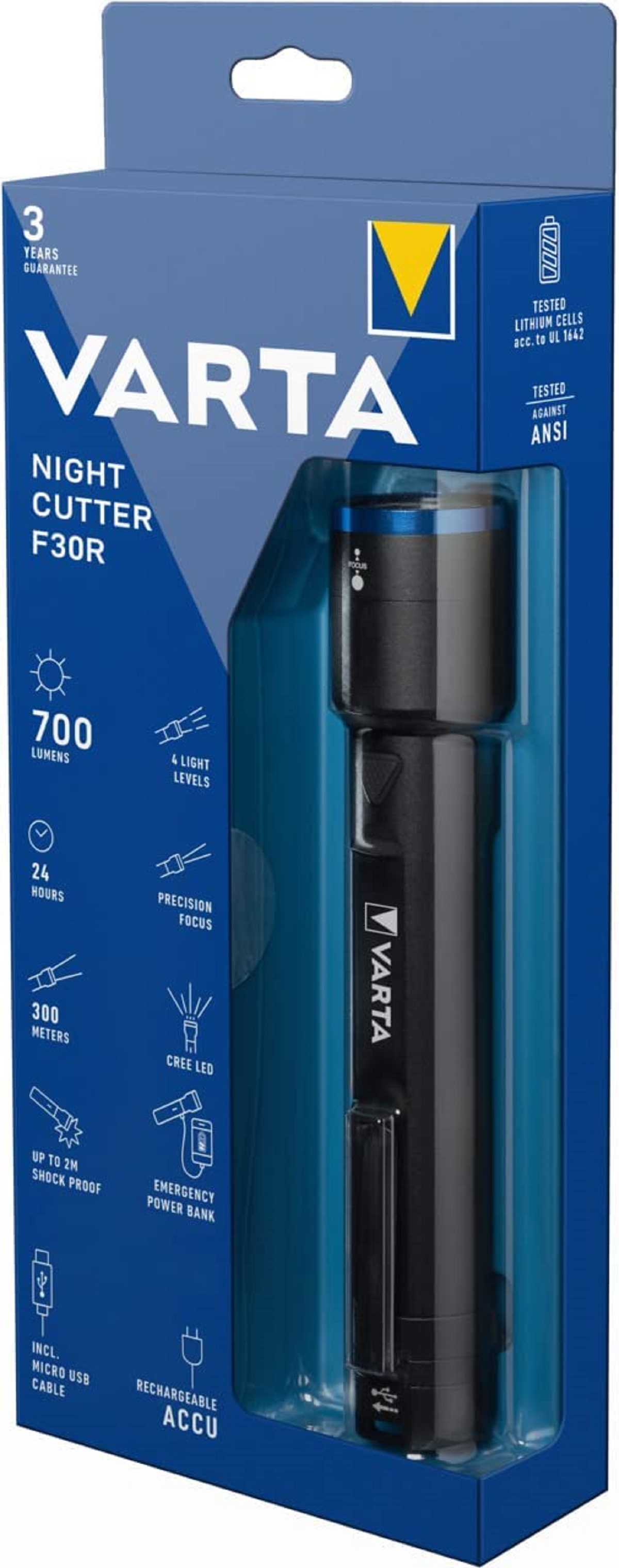 VARTA Taschenlampe Night Cutter F30R in Blauer Verpackung mit Details.