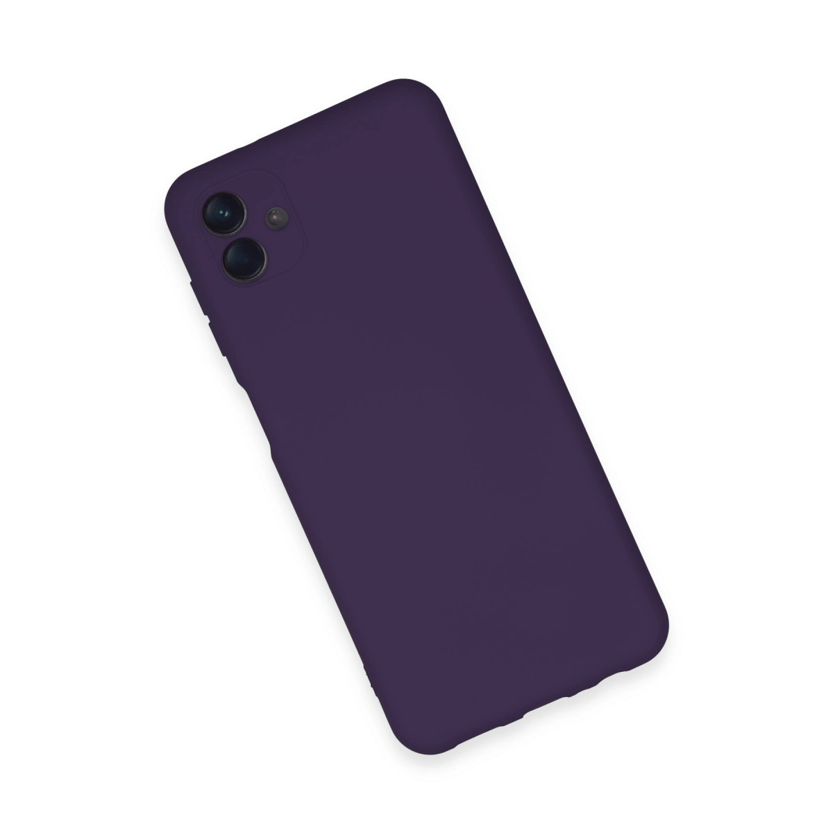 Arkada iki kamera lensi bulunan koyu mor telefon kılıfı.