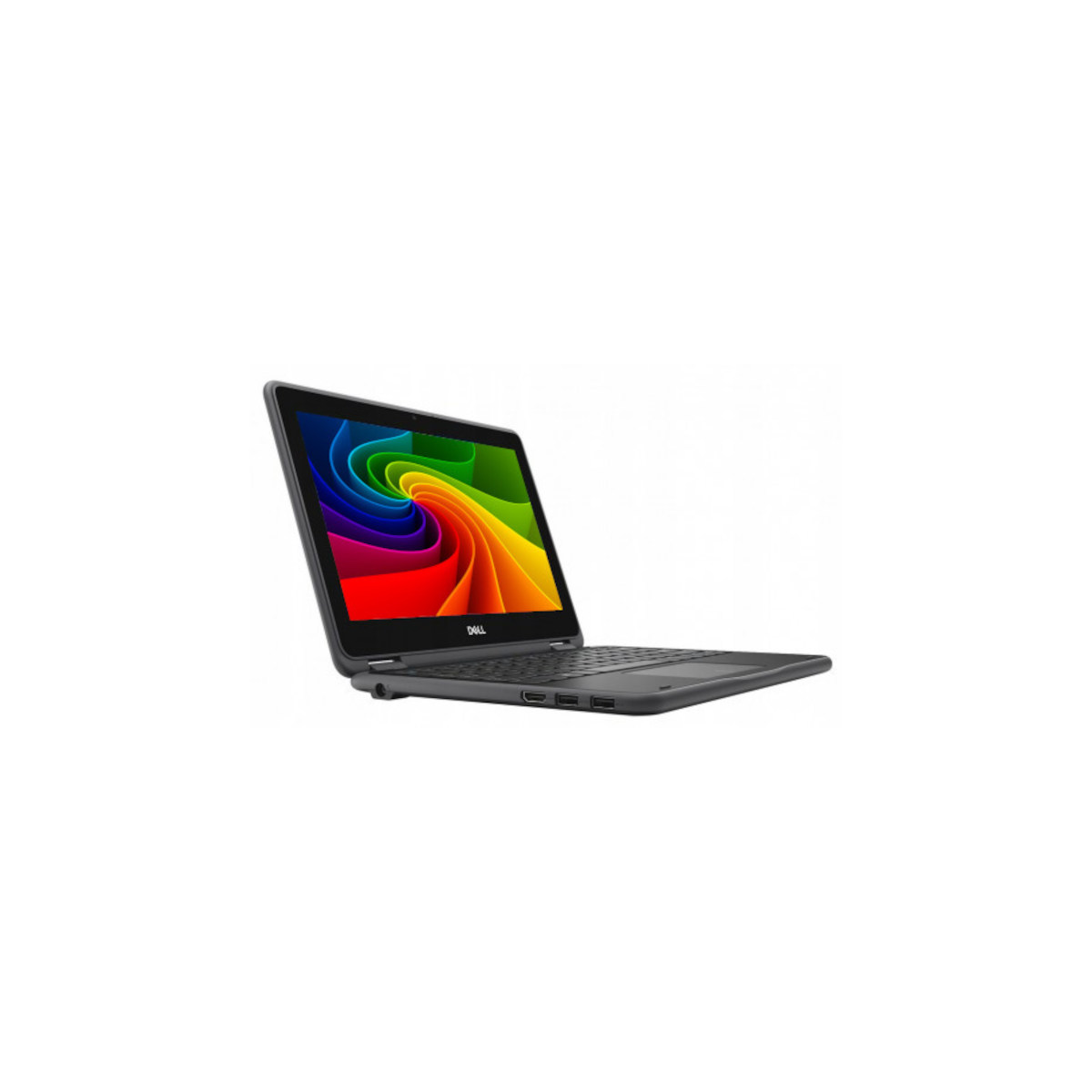 Ein geöffneter Dell Laptop mit einem bunten Wirbel auf dem Bildschirm.