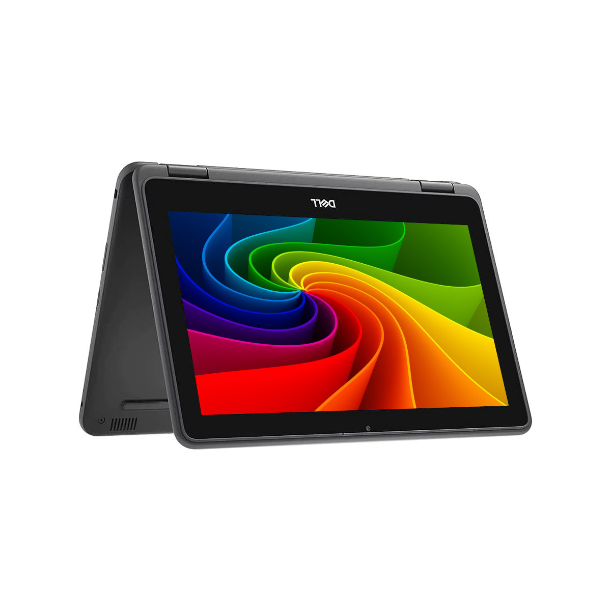 Ein schwarzer Dell Laptop im Zeltmodus mit buntem Hintergrund auf dem Bildschirm.