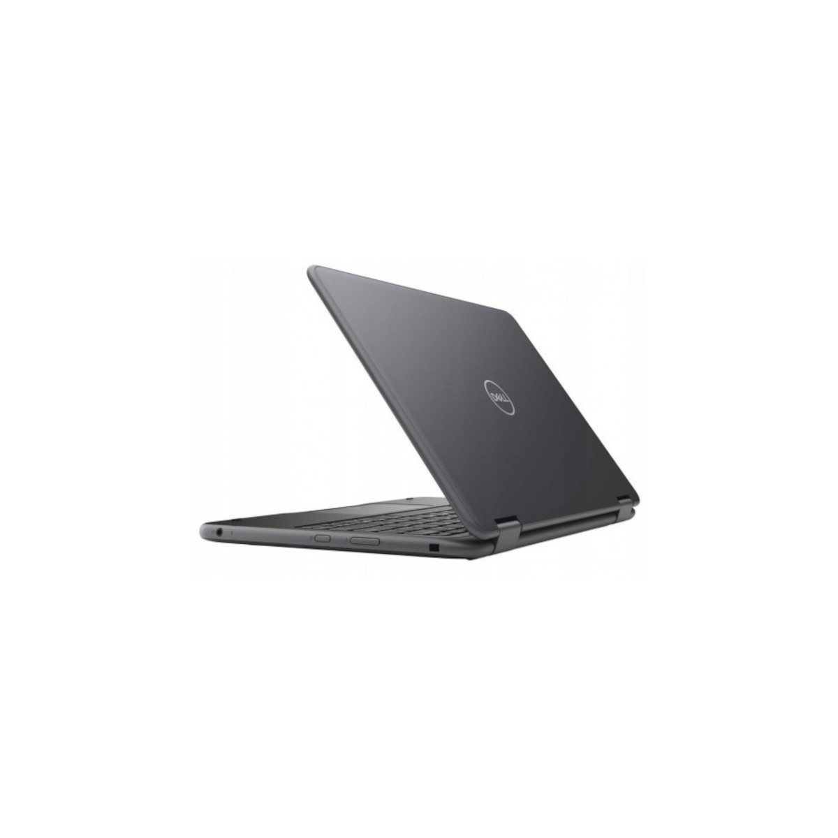 Ein geschlossener grauer Dell Laptop mit dem Logo auf dem Deckel.