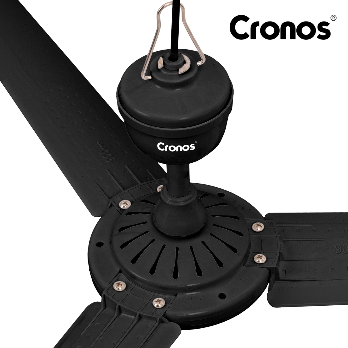 Czarny wentylator sufitowy z trzema łopatkami i logo Cronos.