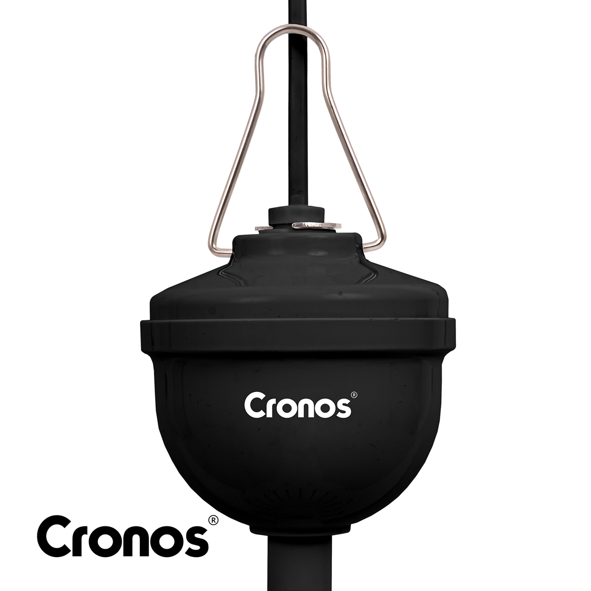 Czarny filtr wody Cronos z metalowym pałąkiem i logo.