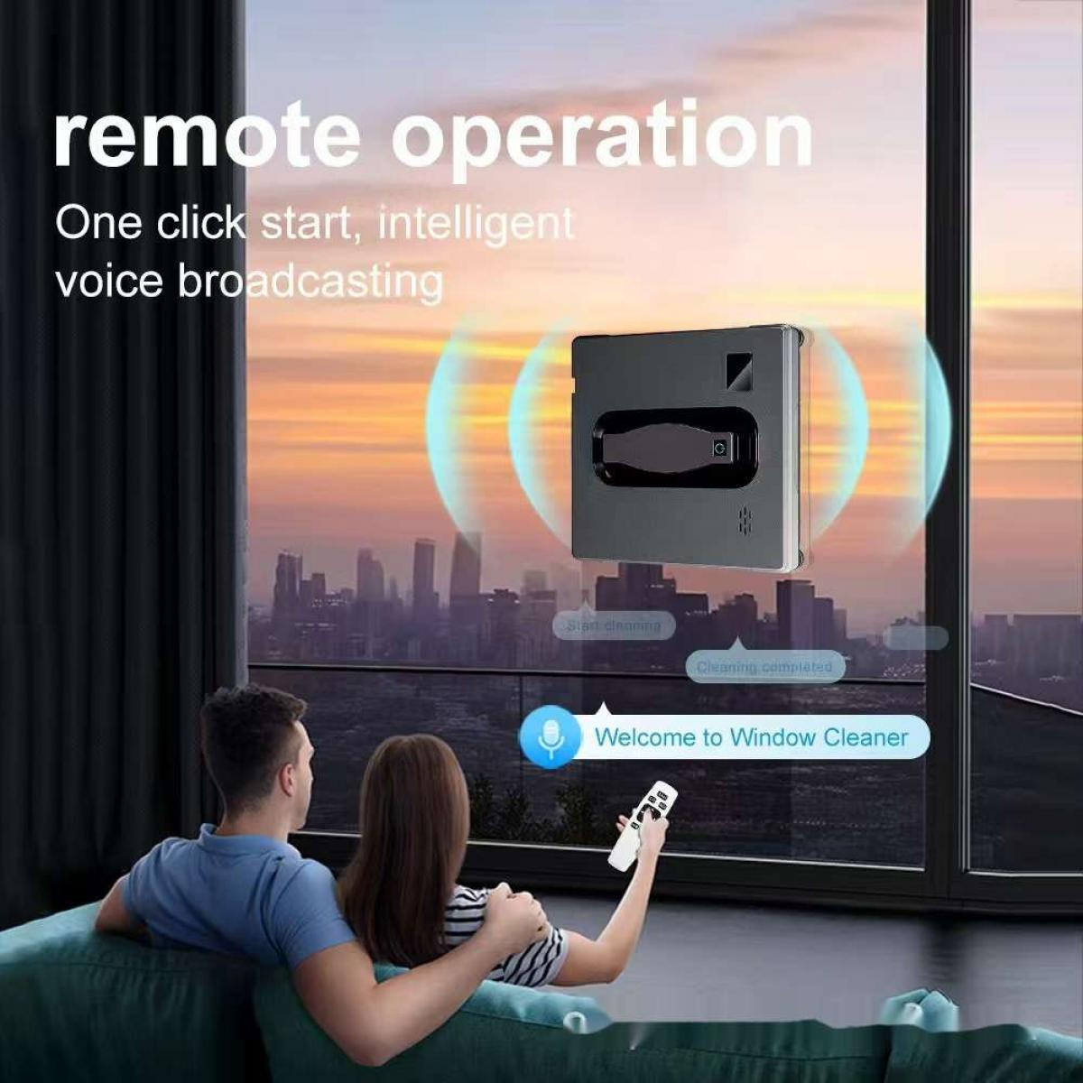 Ein Paar sitzt auf dem Sofa und bedient einen Fensterreinigungsroboter per Fernbedienung.