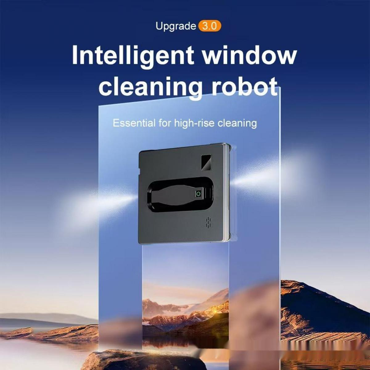 Ein grauer Roboter zur Fensterreinigung haftet an einer blauen Fensteroberfläche.