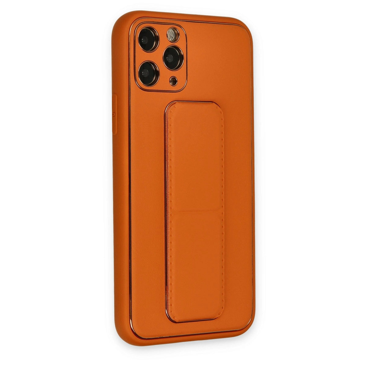 Üç kameralı, turuncu telefon kılıfı ve tutma yeri.