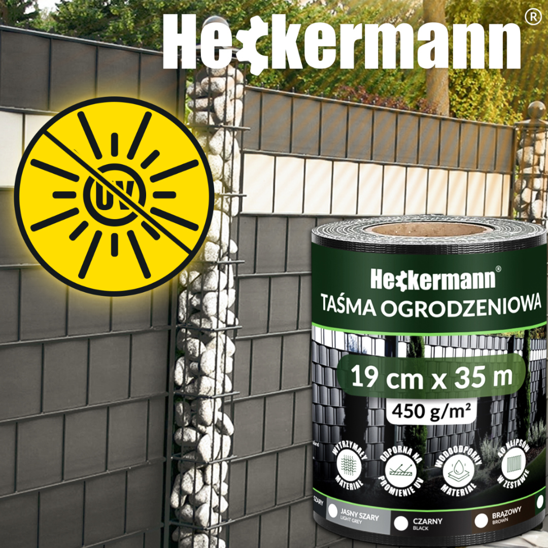 Rolka ogrodzeniowa Heckermann z symbolem ochrony UV, płotem i produktem.