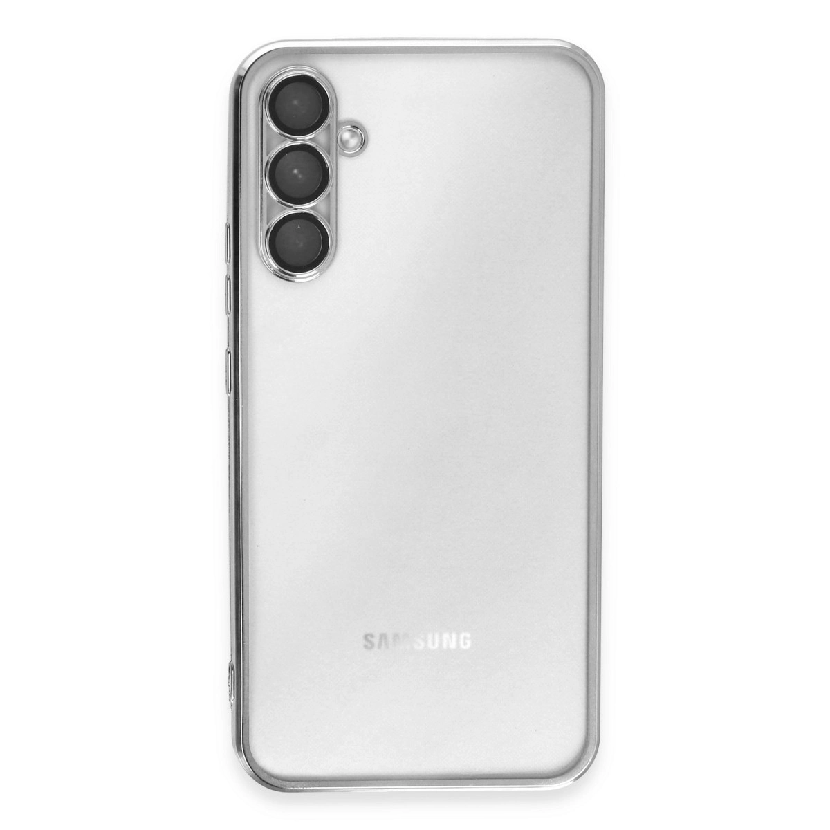 Üç kamera lensli ve Samsung logolu şeffaf telefon kılıfı.
