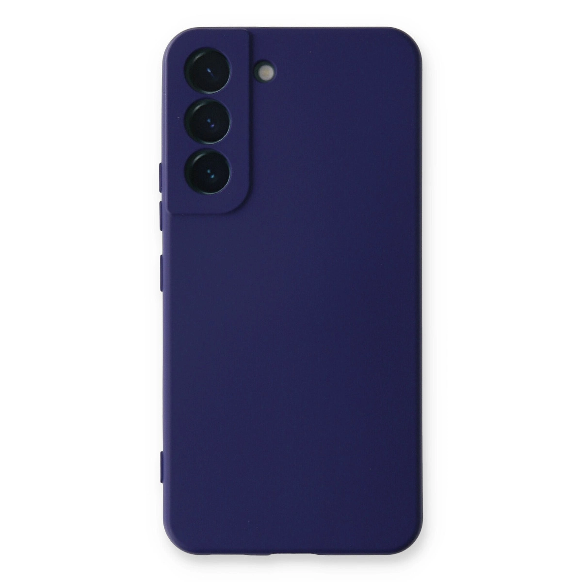 Üç kamera lensli ve flaşlı koyu mor telefon kılıfı.