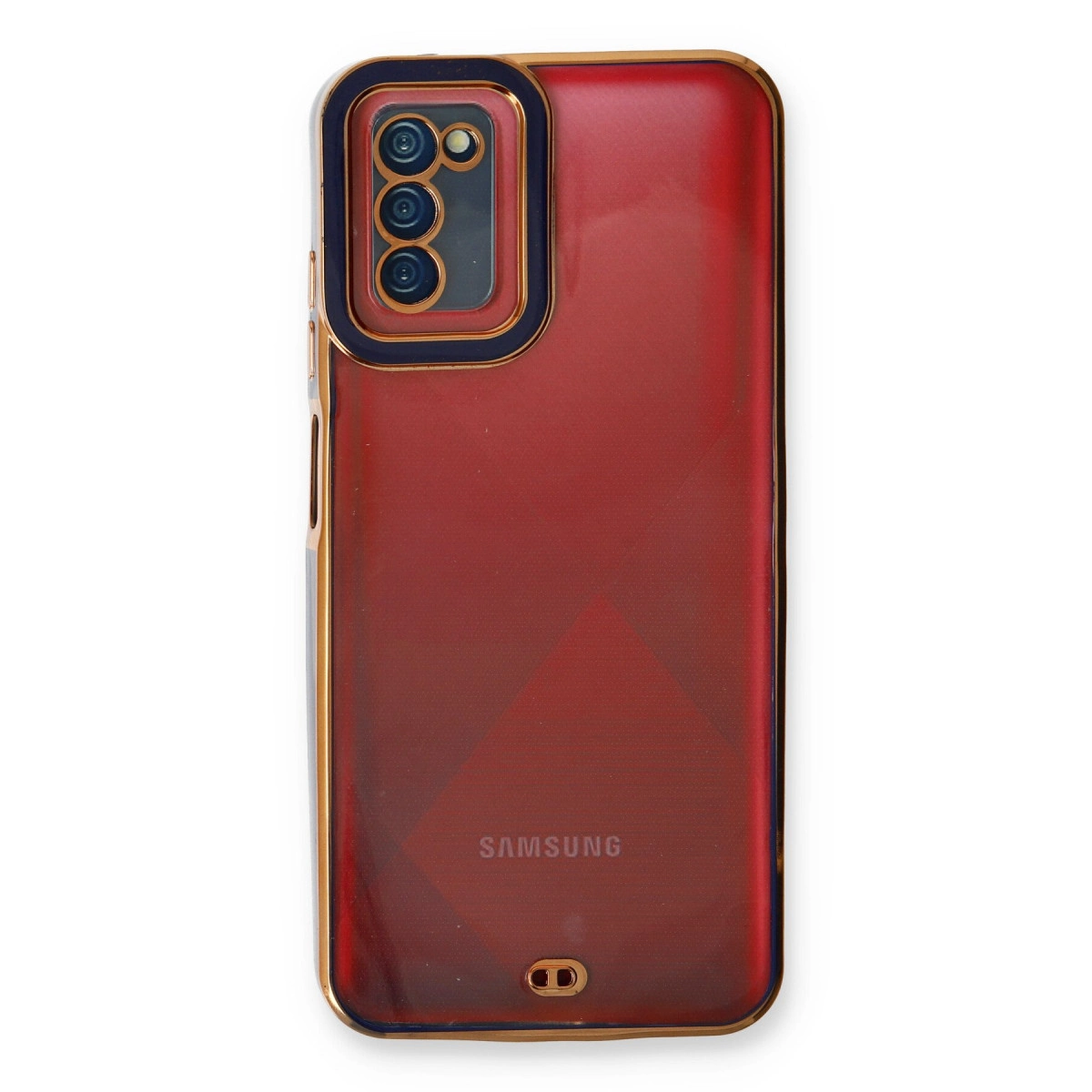 Kamera modülü ve Samsung logosu olan kırmızı telefon kılıfı.