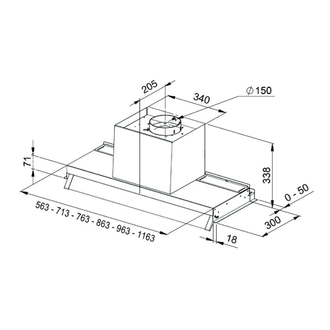 Disegno tecnico di una cappa da cucina con dimensioni.