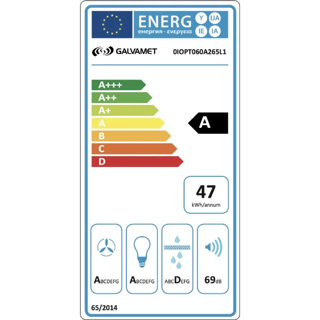 Etichetta energetica GALVAMET 0IOPT060A265L1, classe A, 47 kWh/anno.