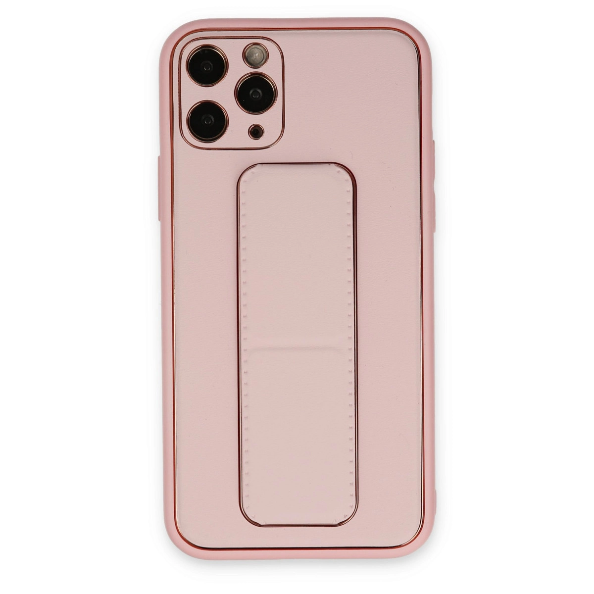 Entegre stantlı ve kamera modüllü pembe iPhone kılıfı.