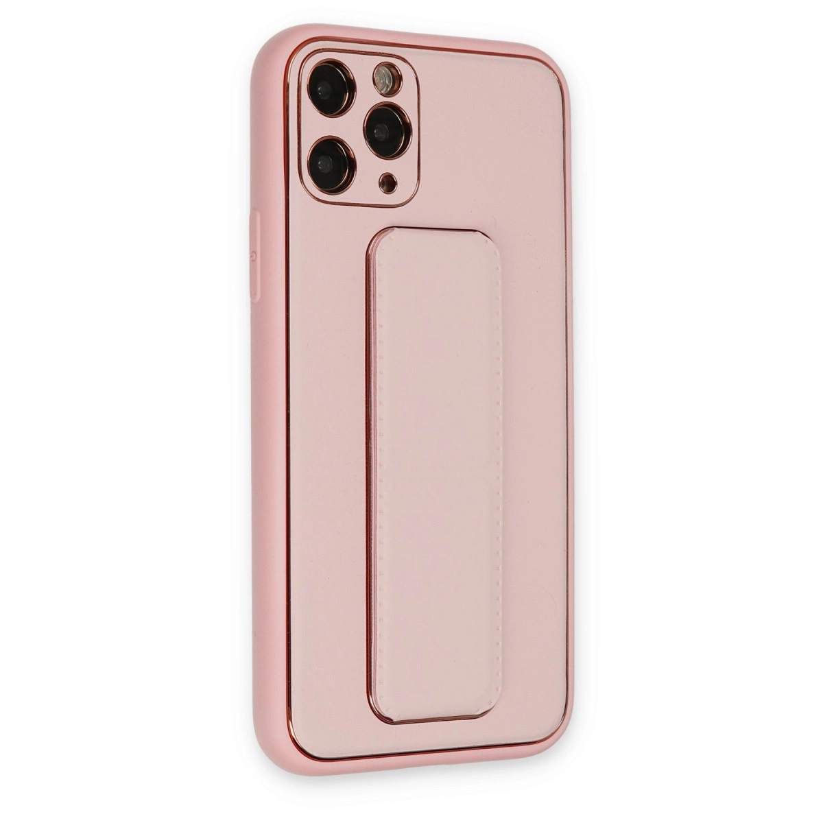 Kamera modülü ve tutma yeri olan, rose altın rengi telefon kılıfı.