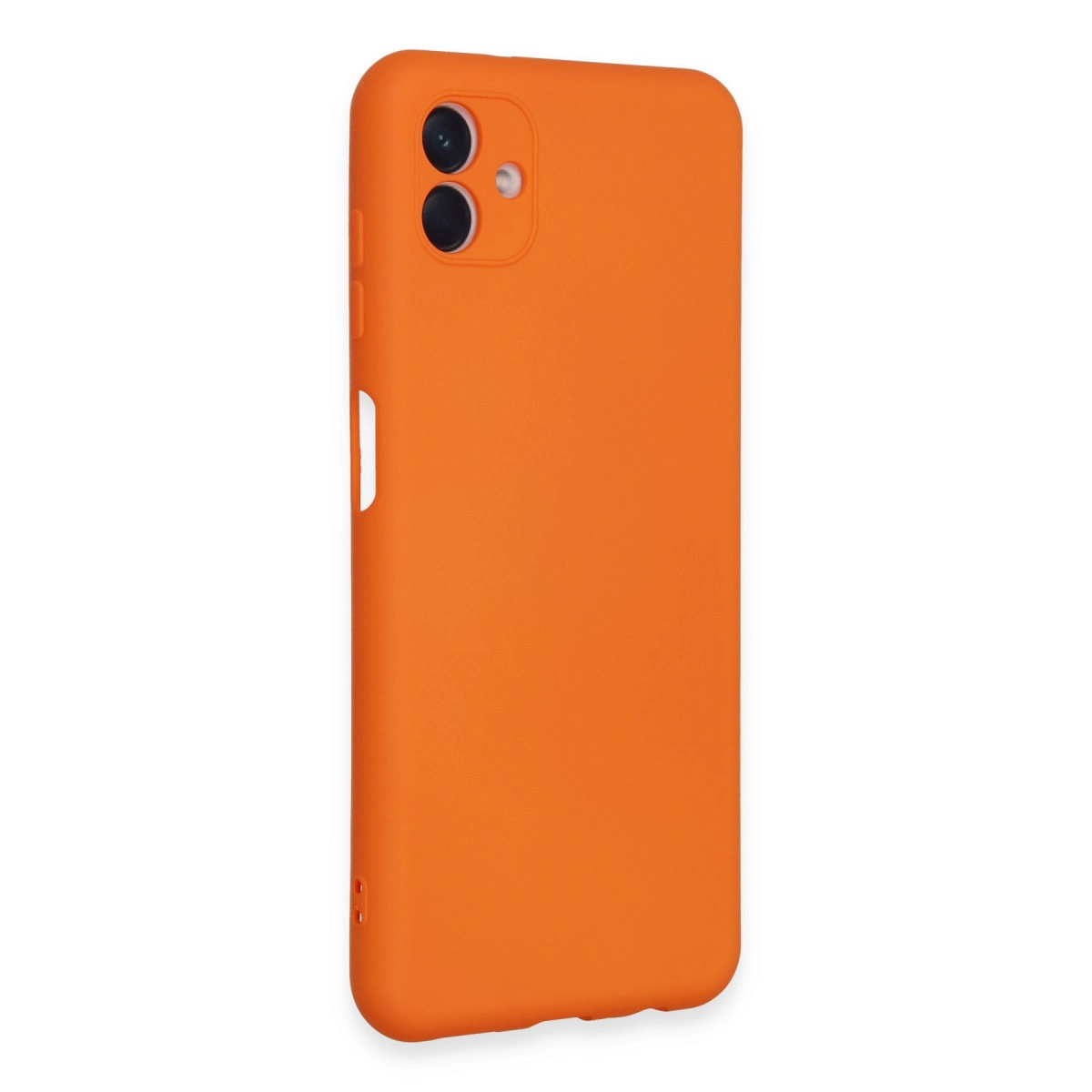 Üstte çift kamera kesimli parlak turuncu telefon kılıfı.