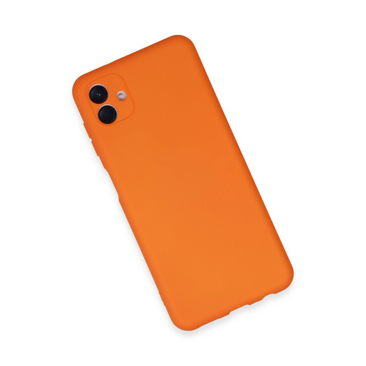 İki kamera lensi ve flaşlı turuncu telefon kılıfı.