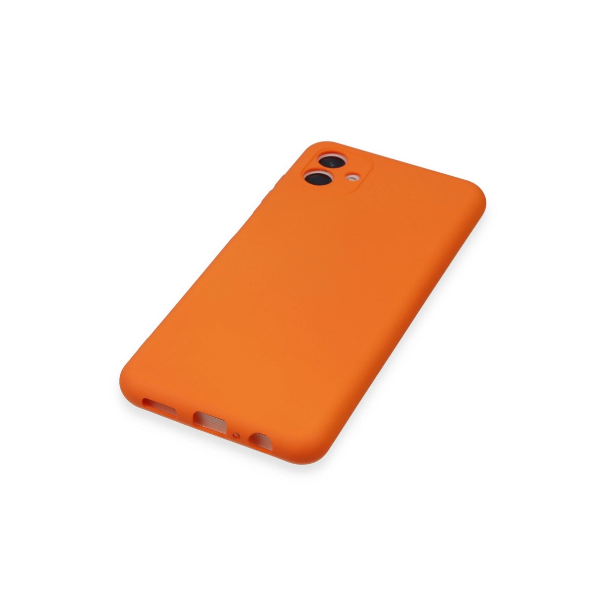 Kamera kesimli turuncu renk telefon kılıfı.