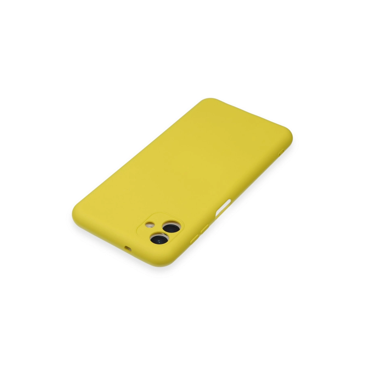 Sarı telefon kılıfı, kamera ve düğmeler için kesikler.