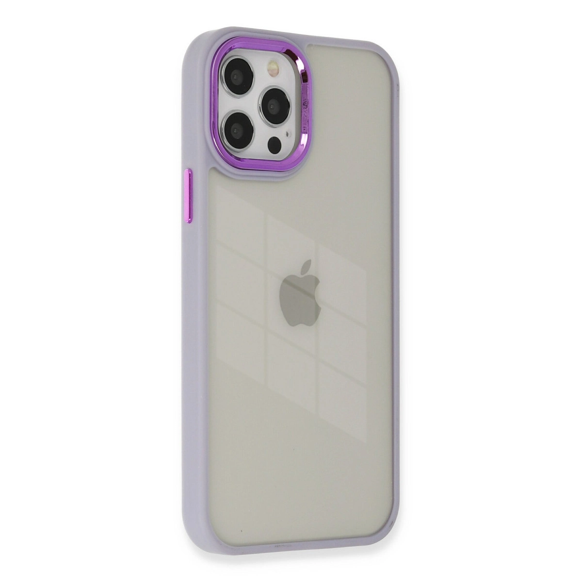 Mor çerçeveli, şeffaf kasalı iPhone beyaz arka plan üzerinde.