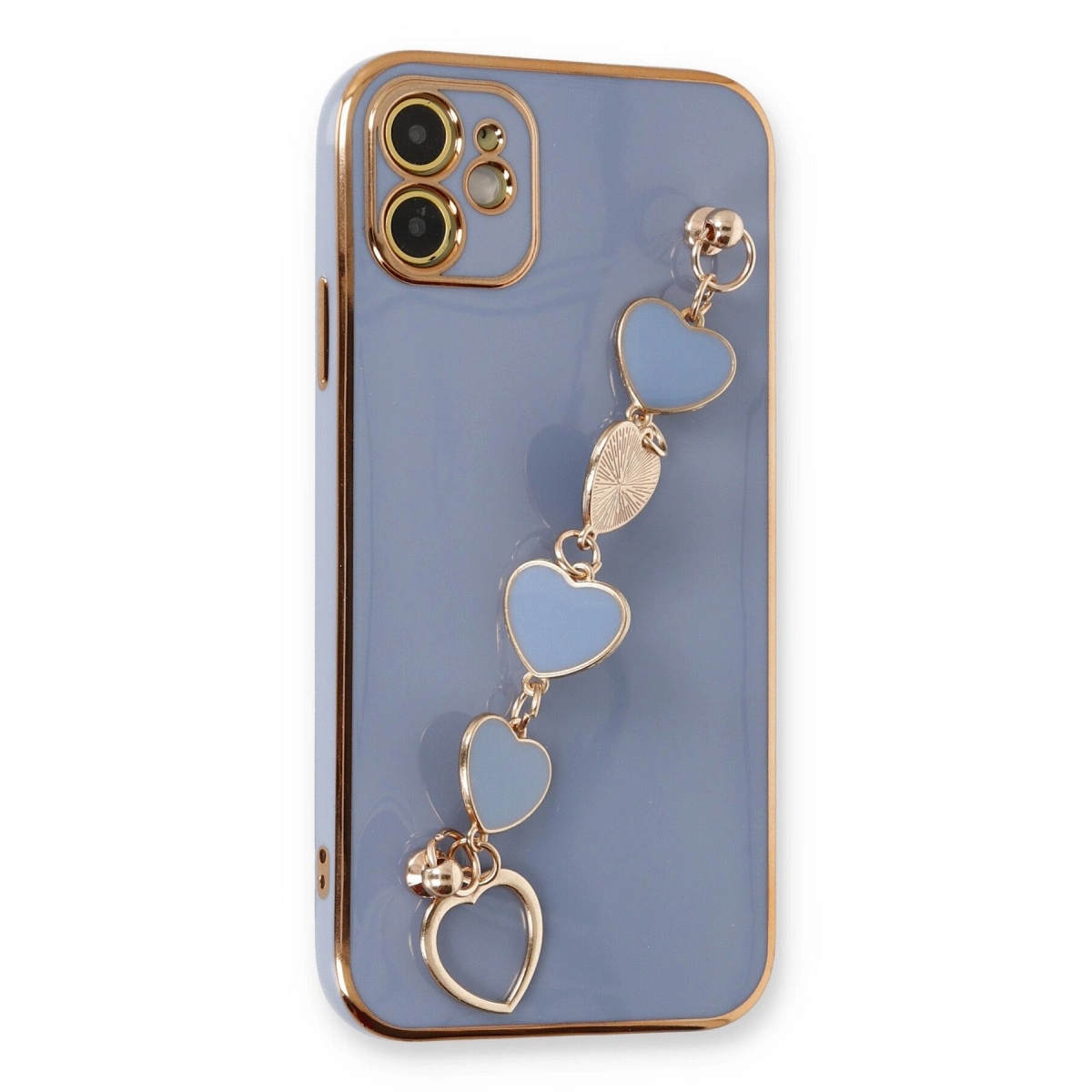 Altın çerçeveli mor telefon kılıfı ve kalp şeklinde charm bileklik.