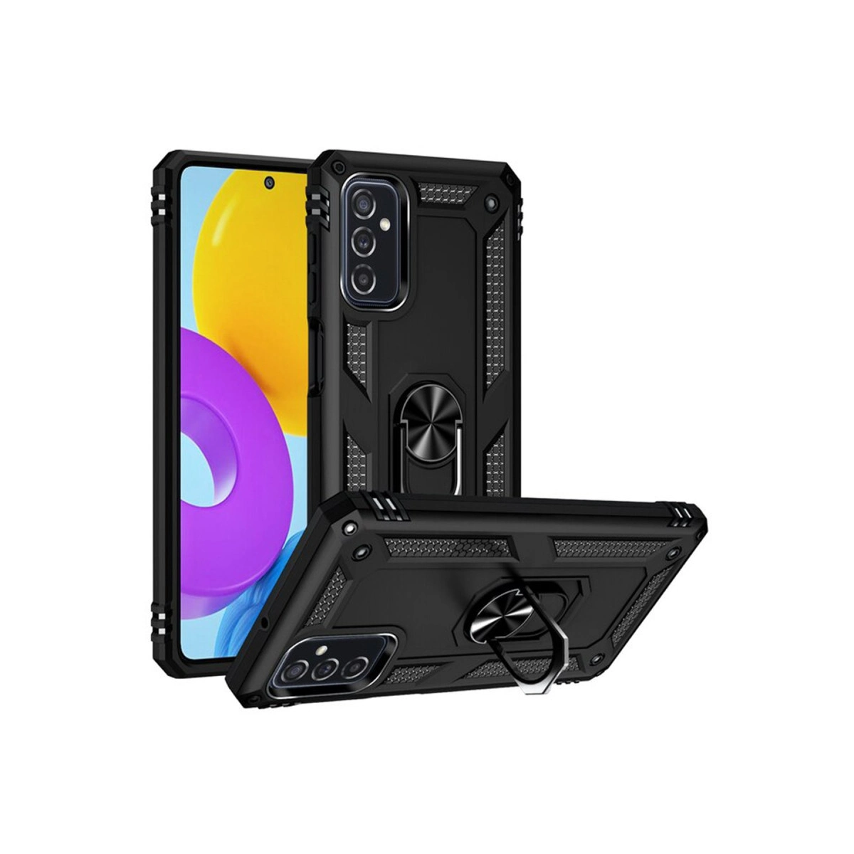 Halka tutuculu ve kamera kesimli siyah telefon kılıfı seti beyaz arka planda.