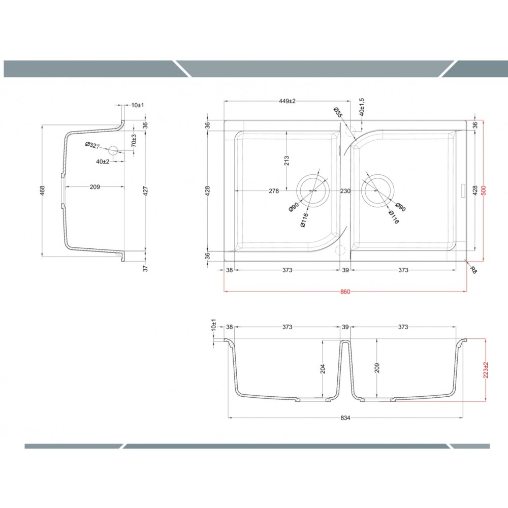 Disegno tecnico di un doppio lavello con dimensioni e viste.