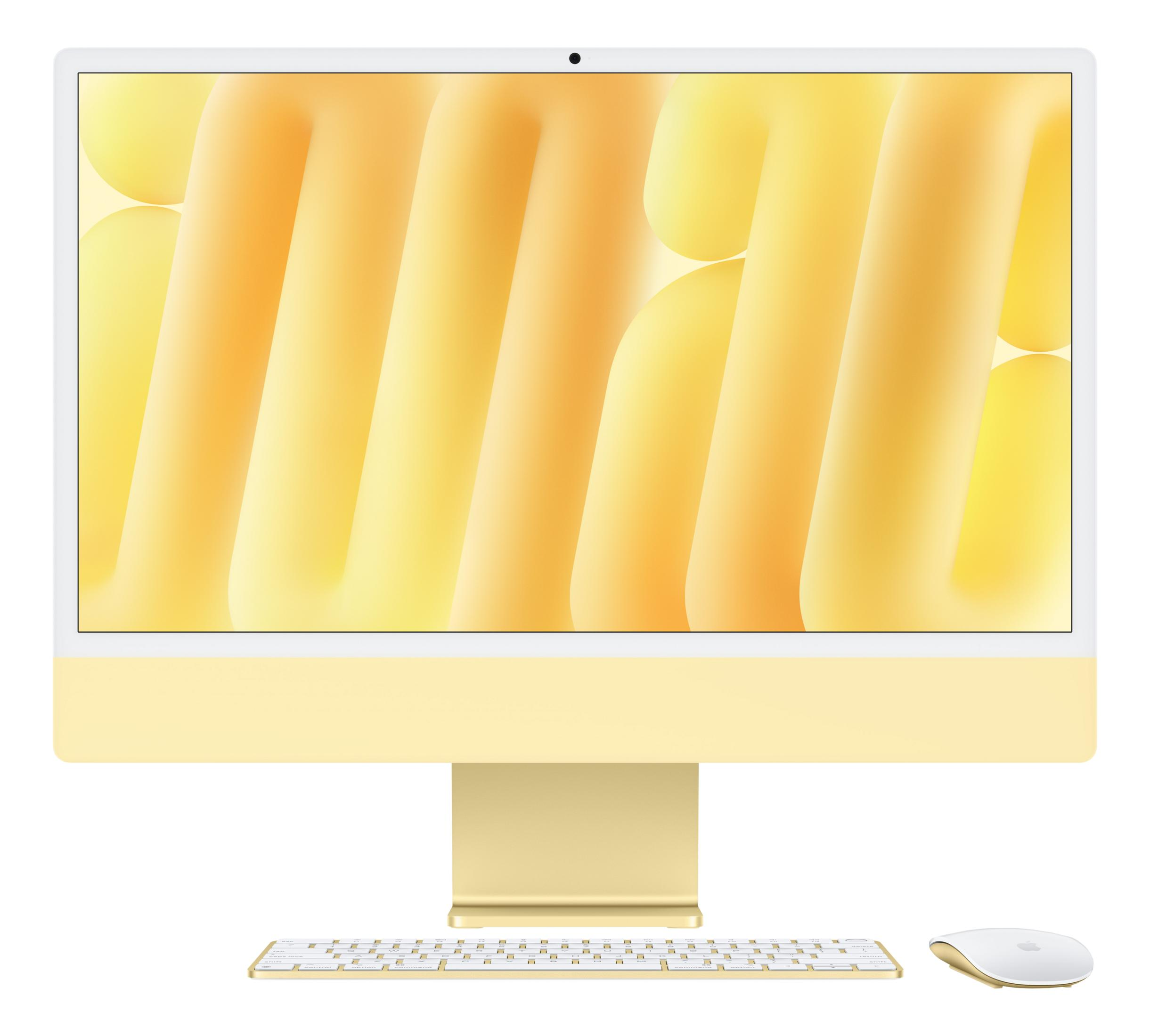 Ein gelber iMac mit Tastatur und Maus vor weißem Hintergrund.