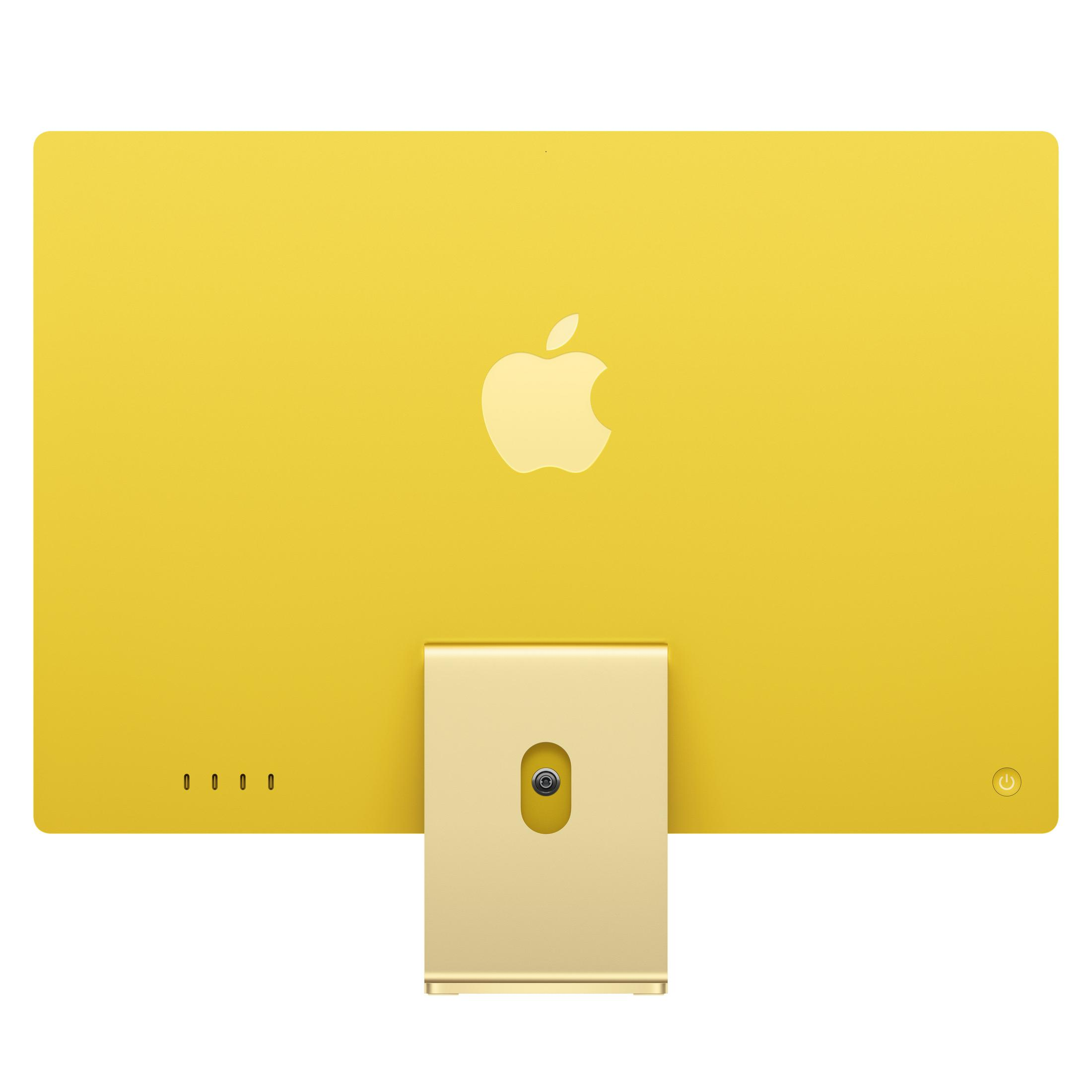 Gelber iMac mit silbernem Ständer und Apple-Logo.