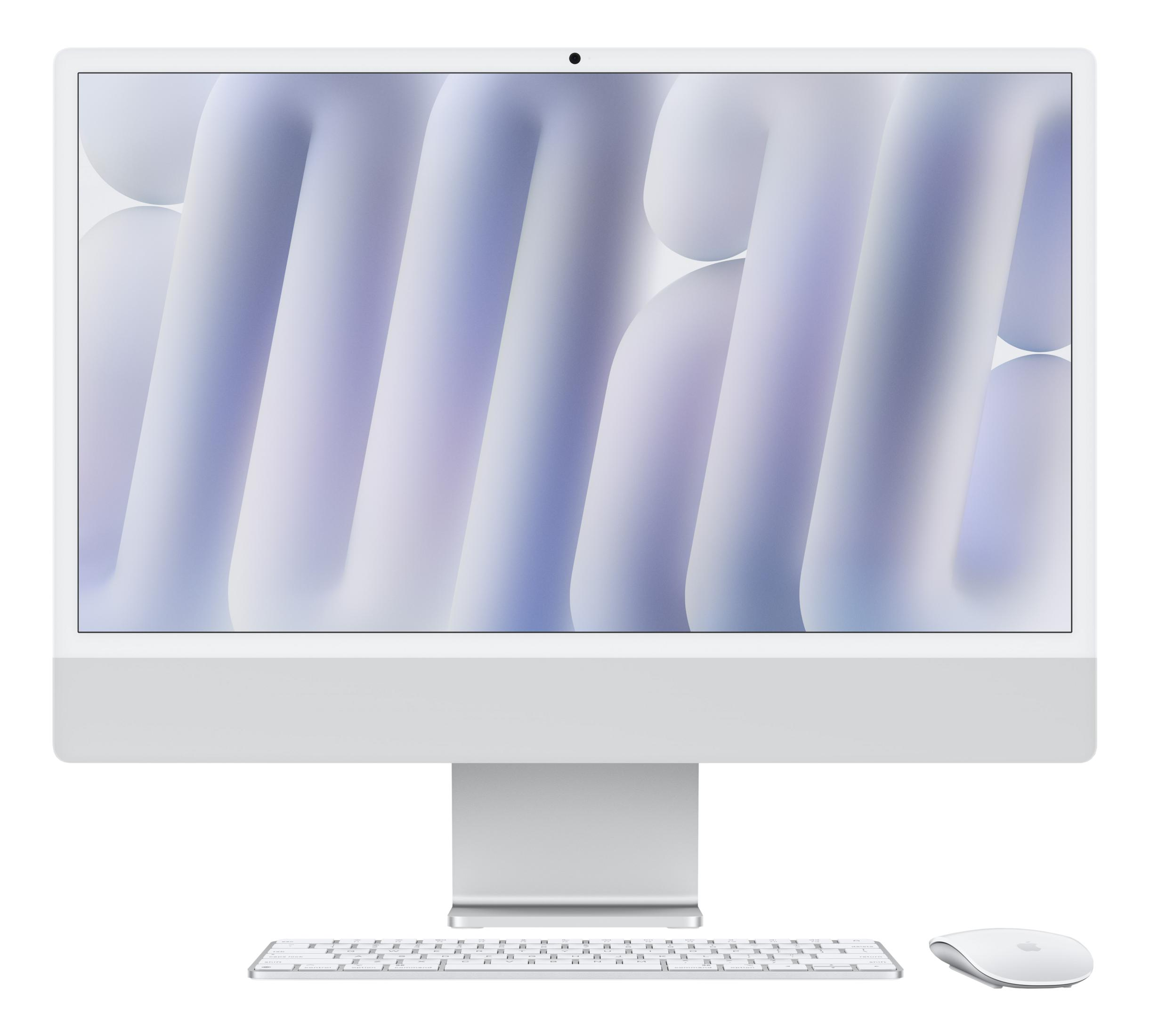 Ein weißer iMac mit Tastatur und Maus vor einem abstrakten Hintergrund.