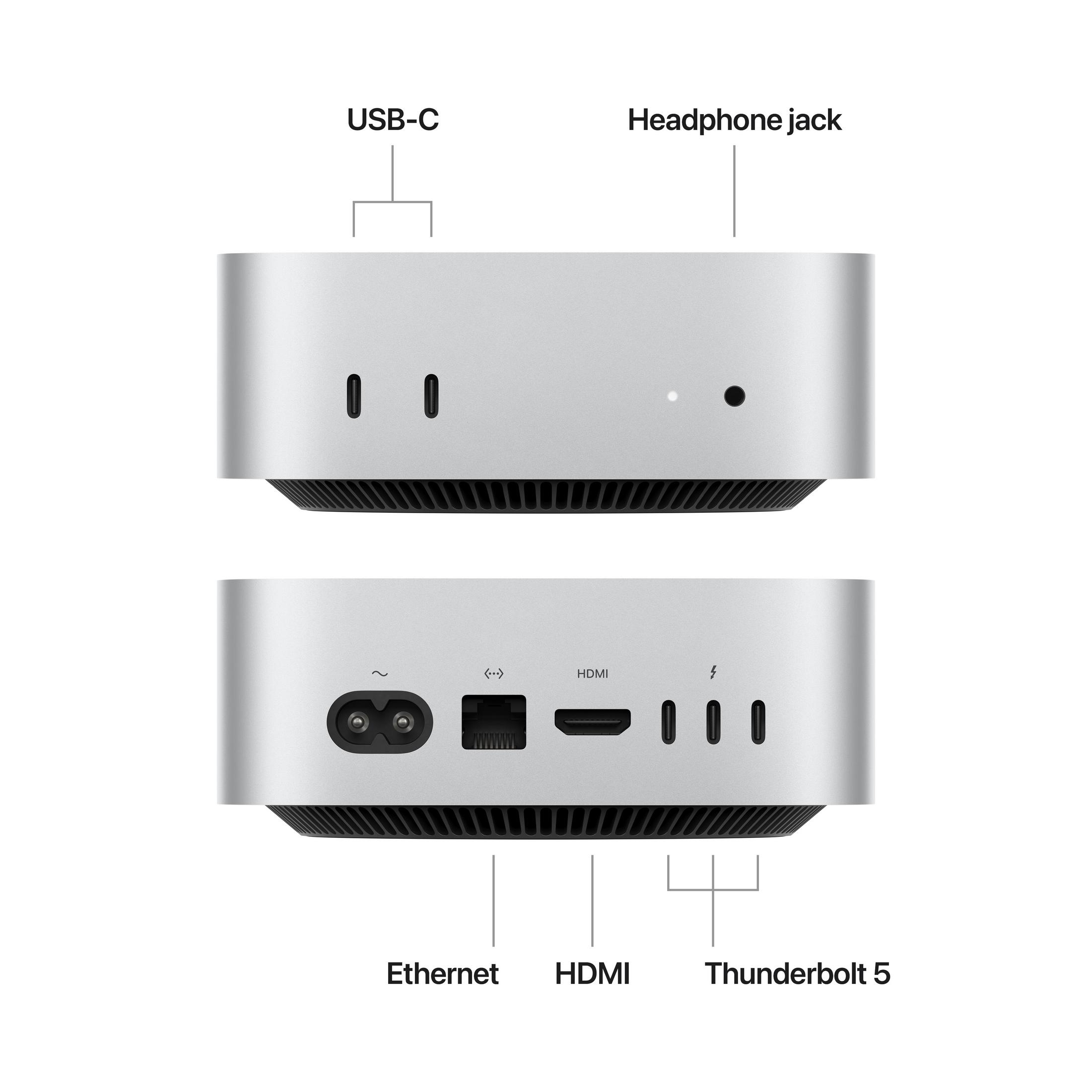 Computer argentato con porte USB-C, jack cuffie, Ethernet, HDMI e Thunderbolt 5.
