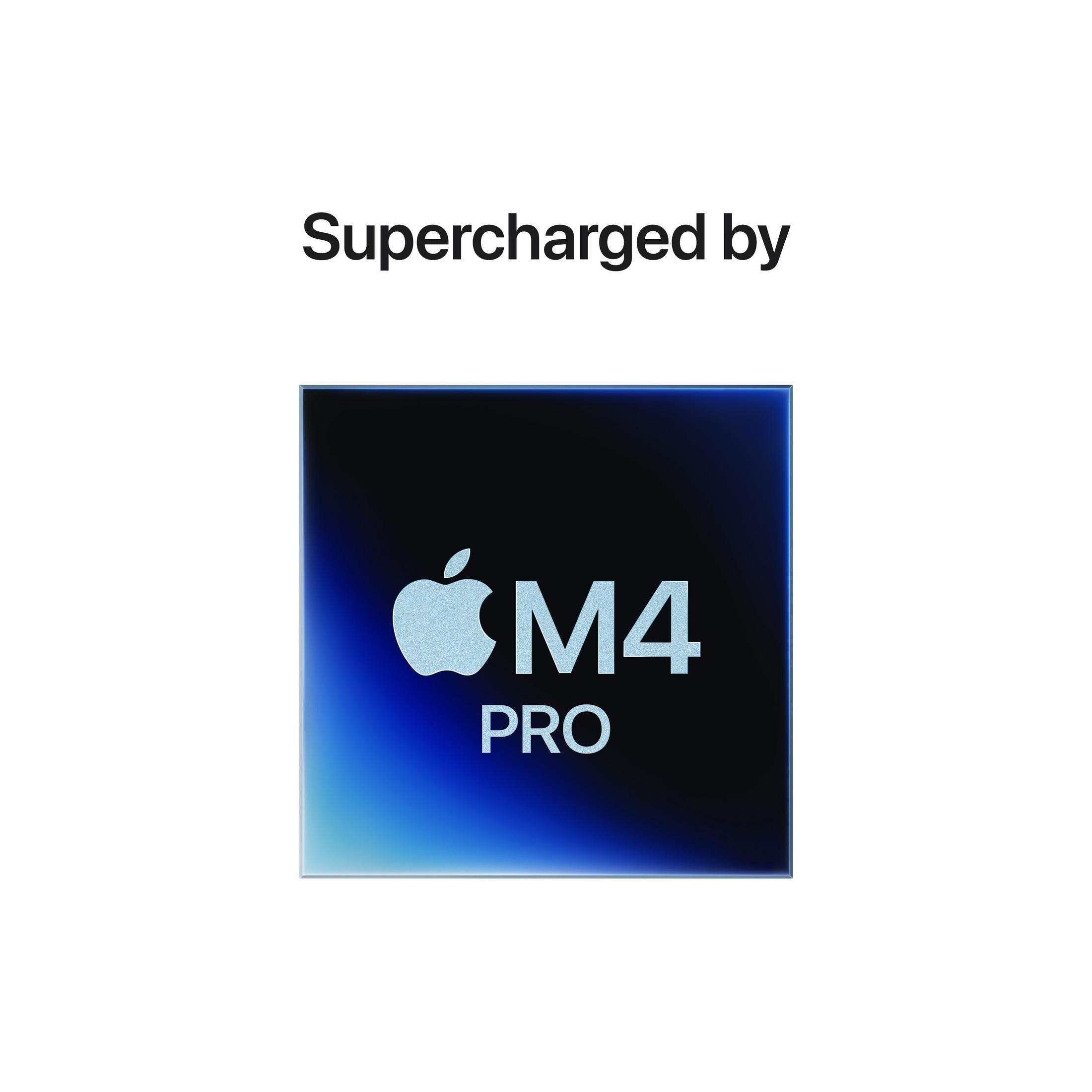 Chip Apple M4 Pro su sfondo nero con illuminazione blu.
