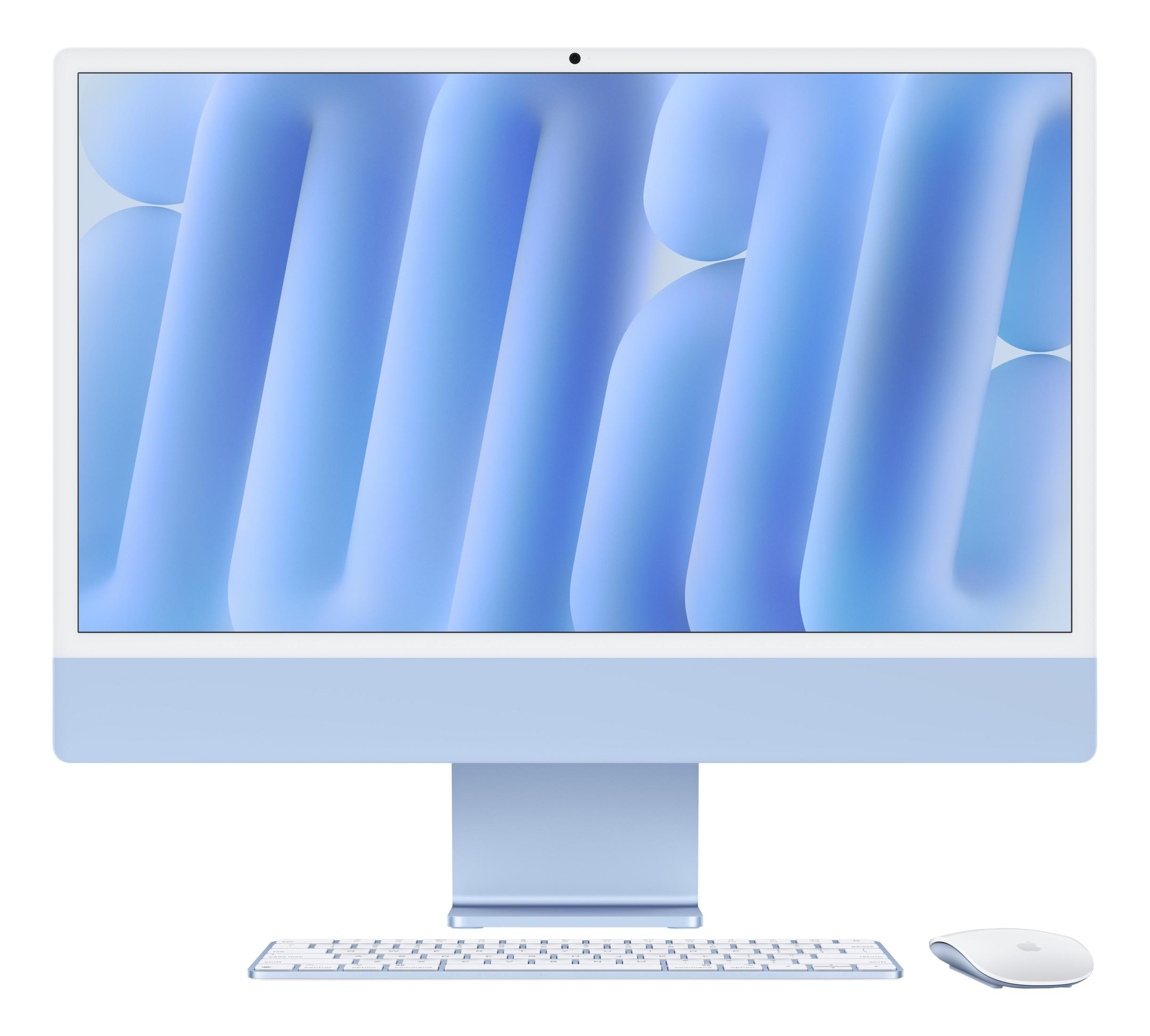 Ein blauer iMac mit Tastatur und Maus vor weißem Hintergrund.