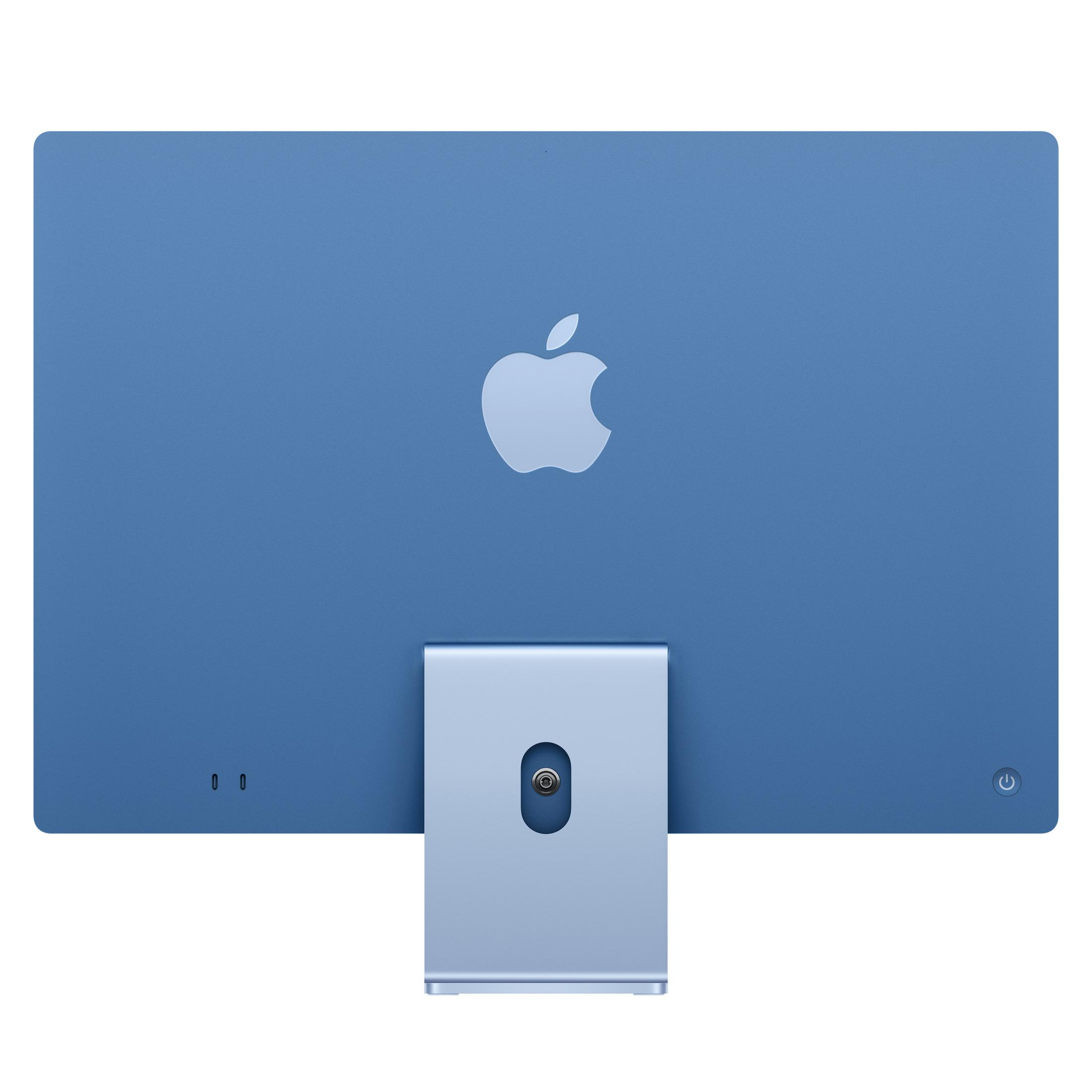 Arrière bleu d'un iMac avec logo Apple et pied.