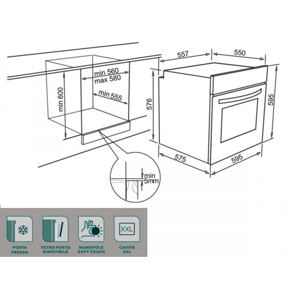 Disegno tecnico di un forno da incasso con dimensioni e icone per funzioni come porta fredda.