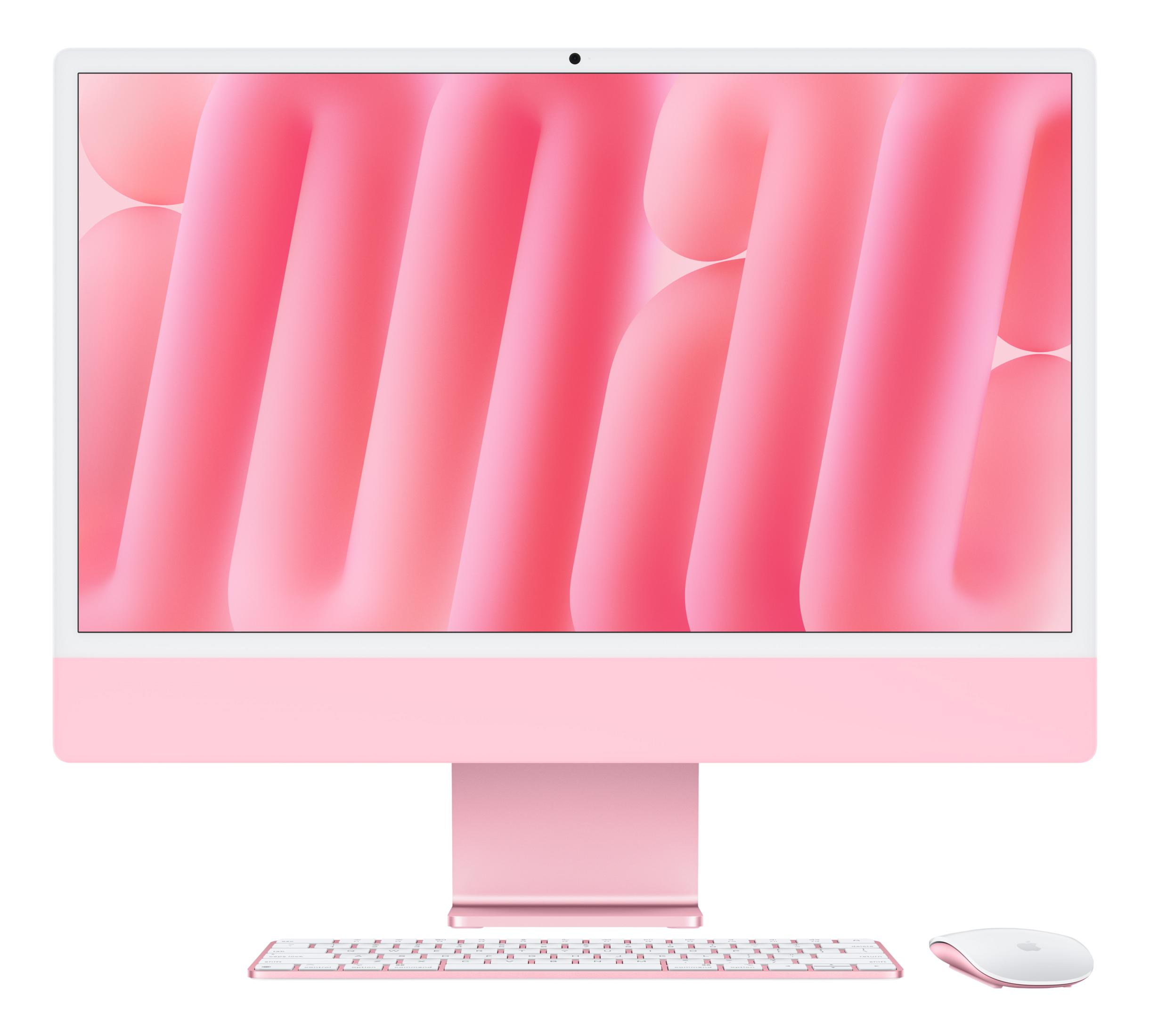 Ein rosafarbener iMac mit Tastatur und Maus vor einem abstrakten Hintergrund.