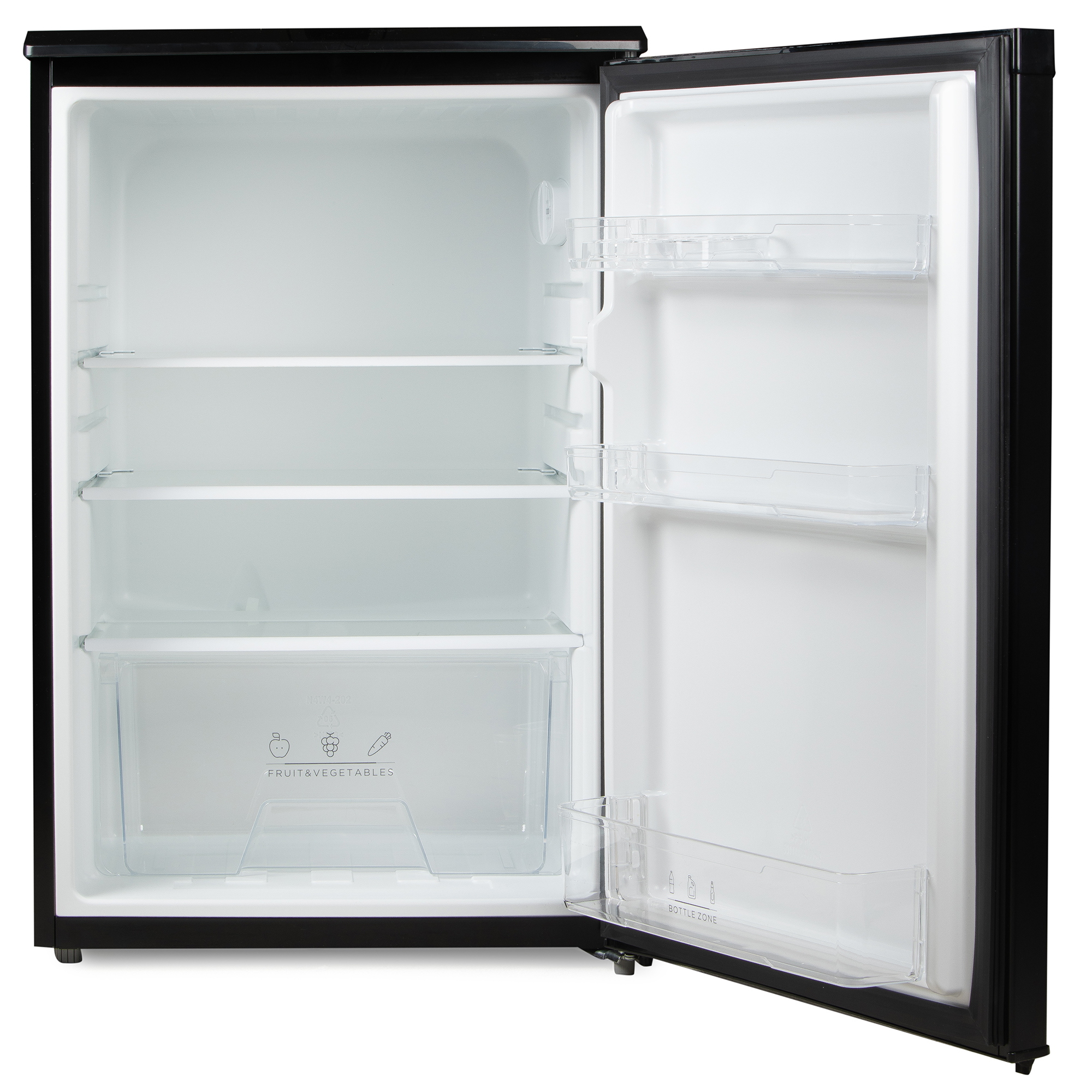 An empty black refrigerator with its door open, showing shelves.