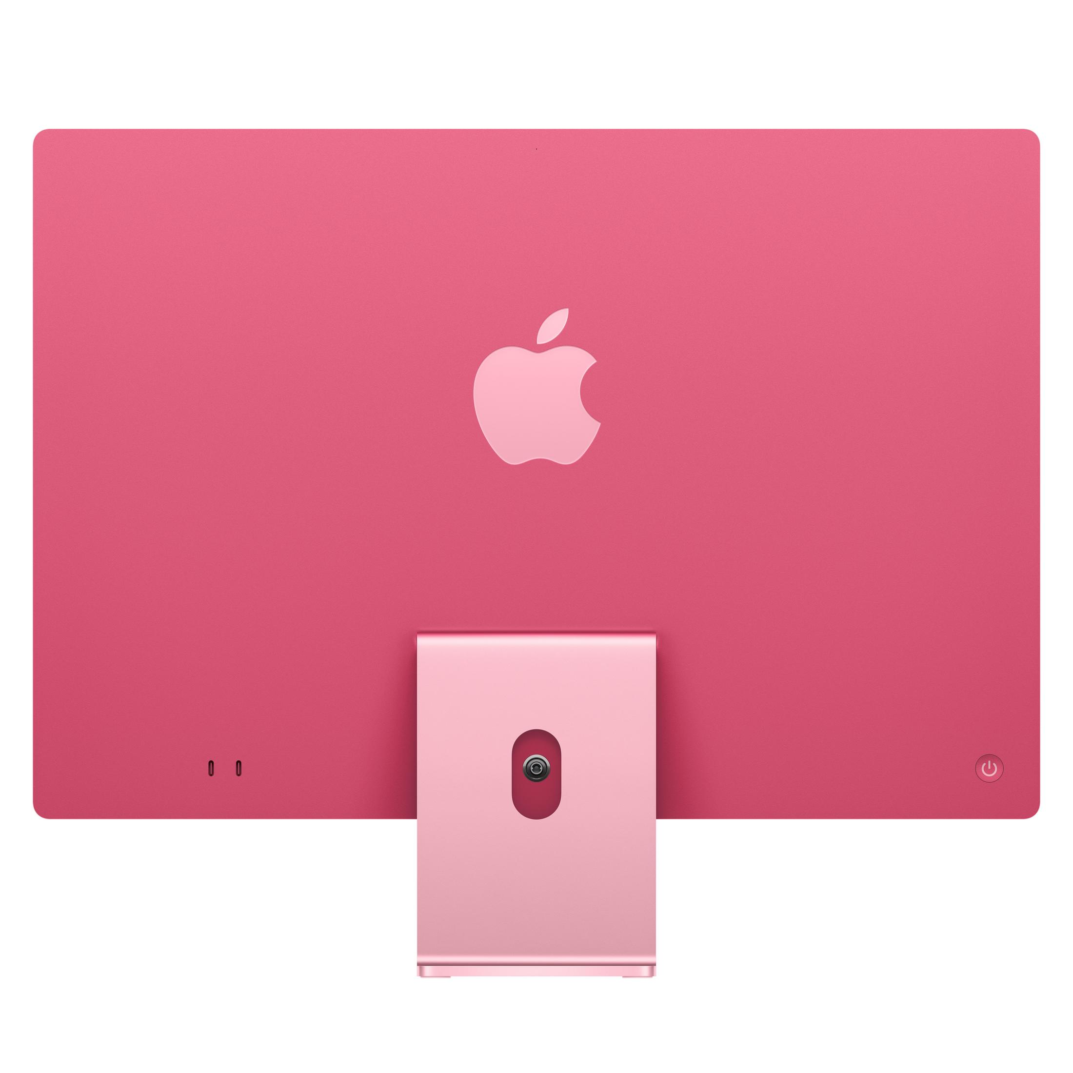 Retro di un iMac rosa con logo Apple e supporto.