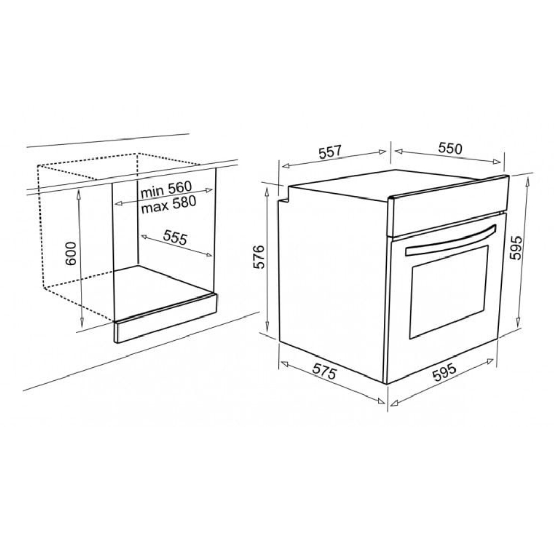 Disegno tecnico di un forno da incasso con dimensioni.