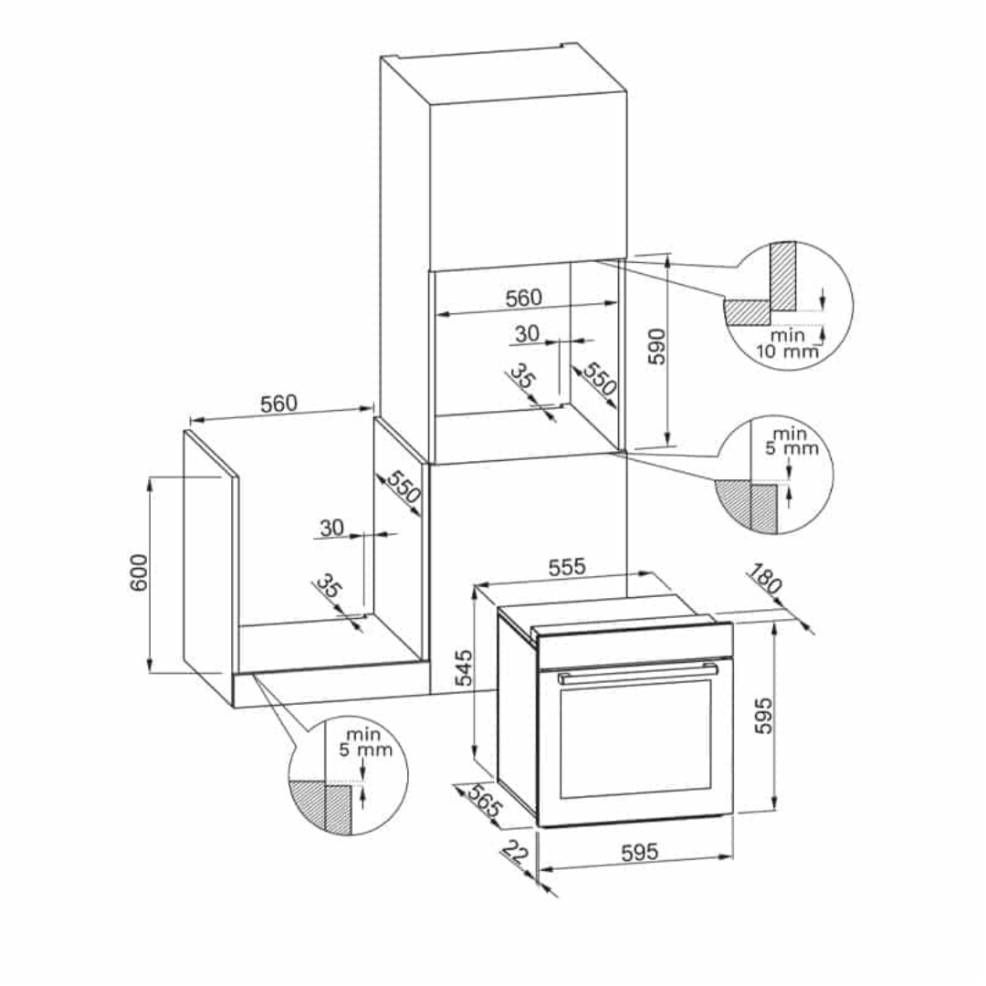 Disegno tecnico di un forno da incasso e mobile con dimensioni.