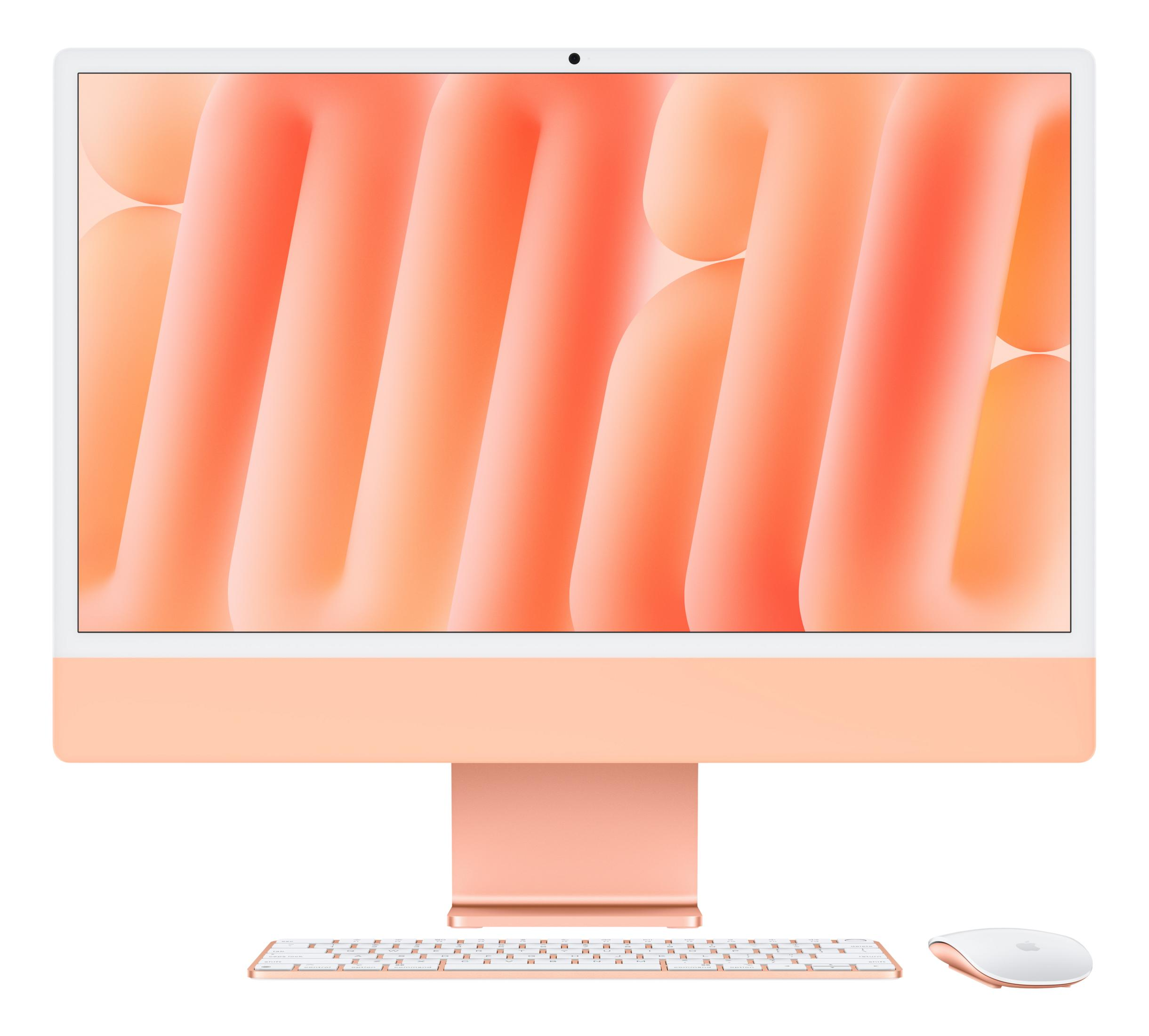 Ein rosafarbener iMac mit Tastatur und Maus vor einem abstrakten Hintergrund.