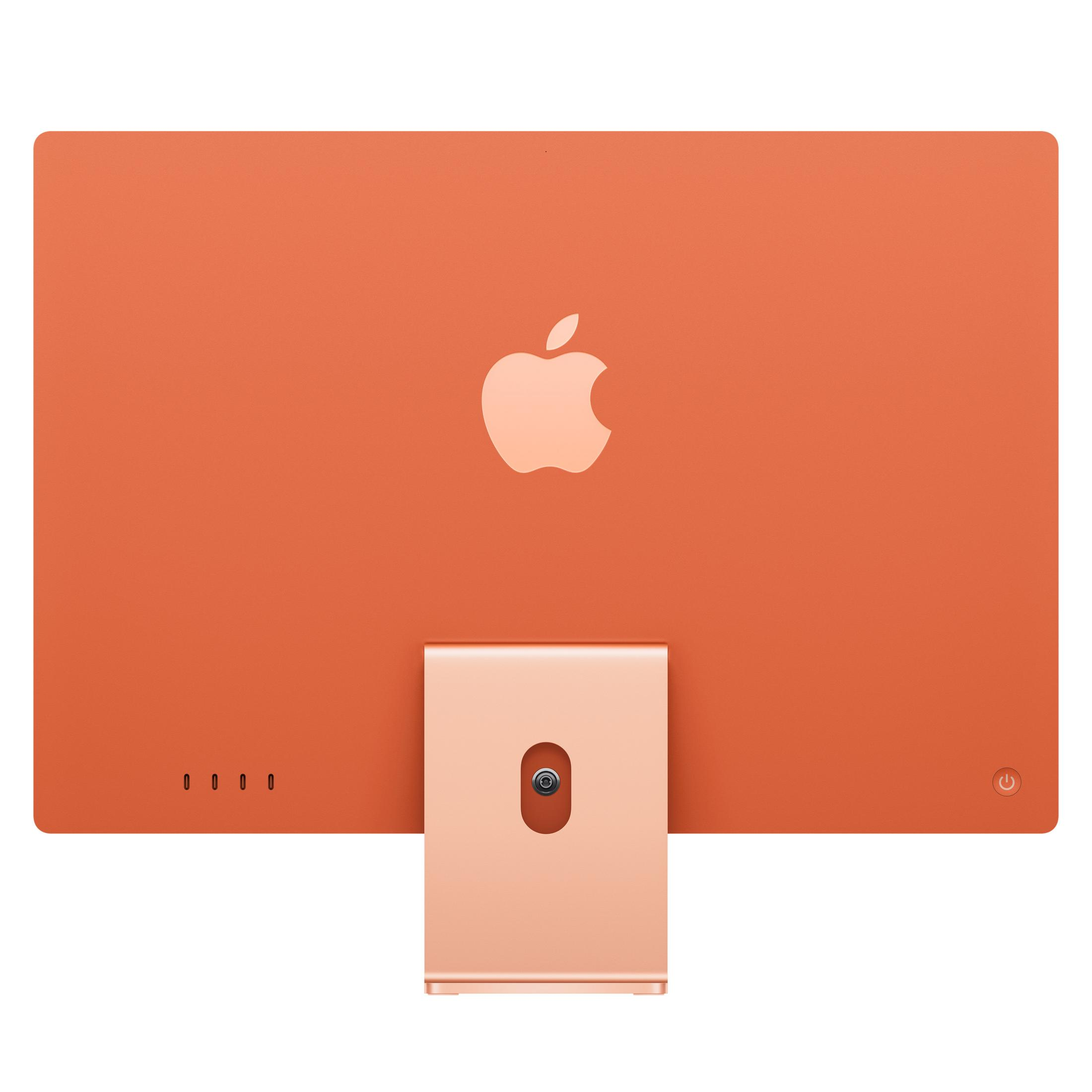 Ein orangefarbener iMac mit Apple-Logo und Ständer.