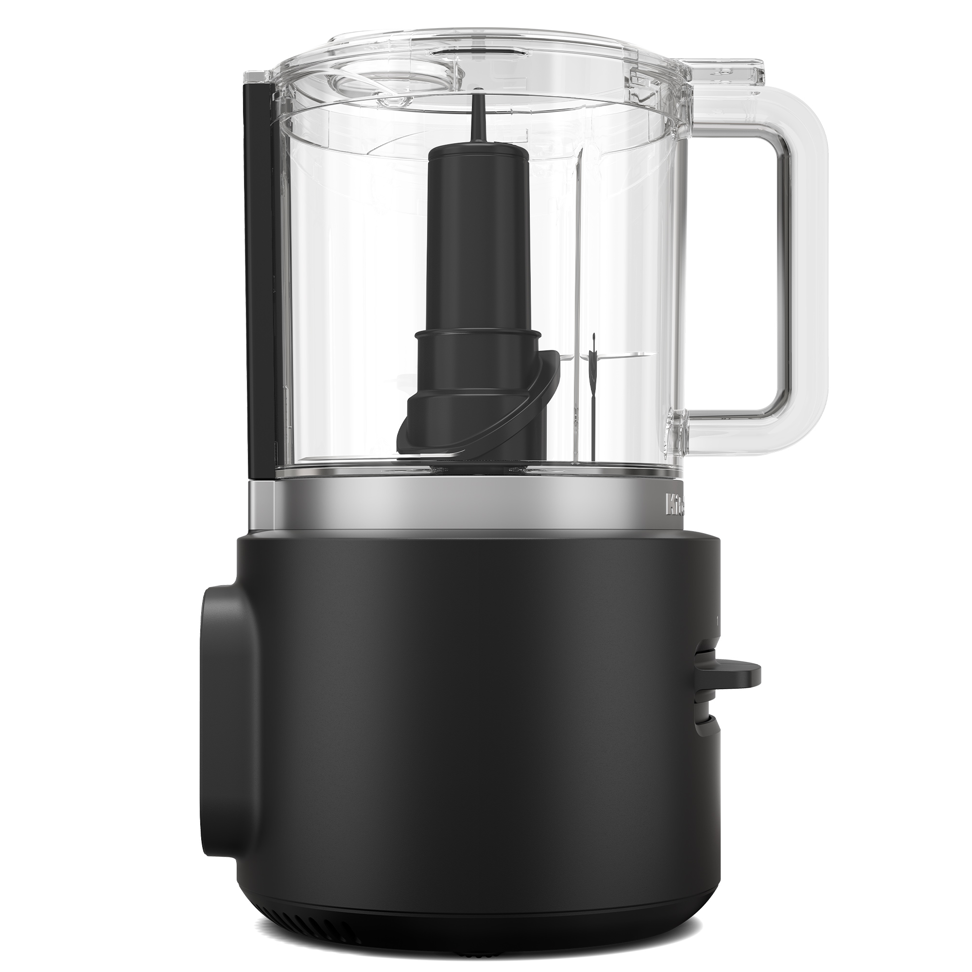 Un robot da cucina nero con contenitore trasparente e lama.
