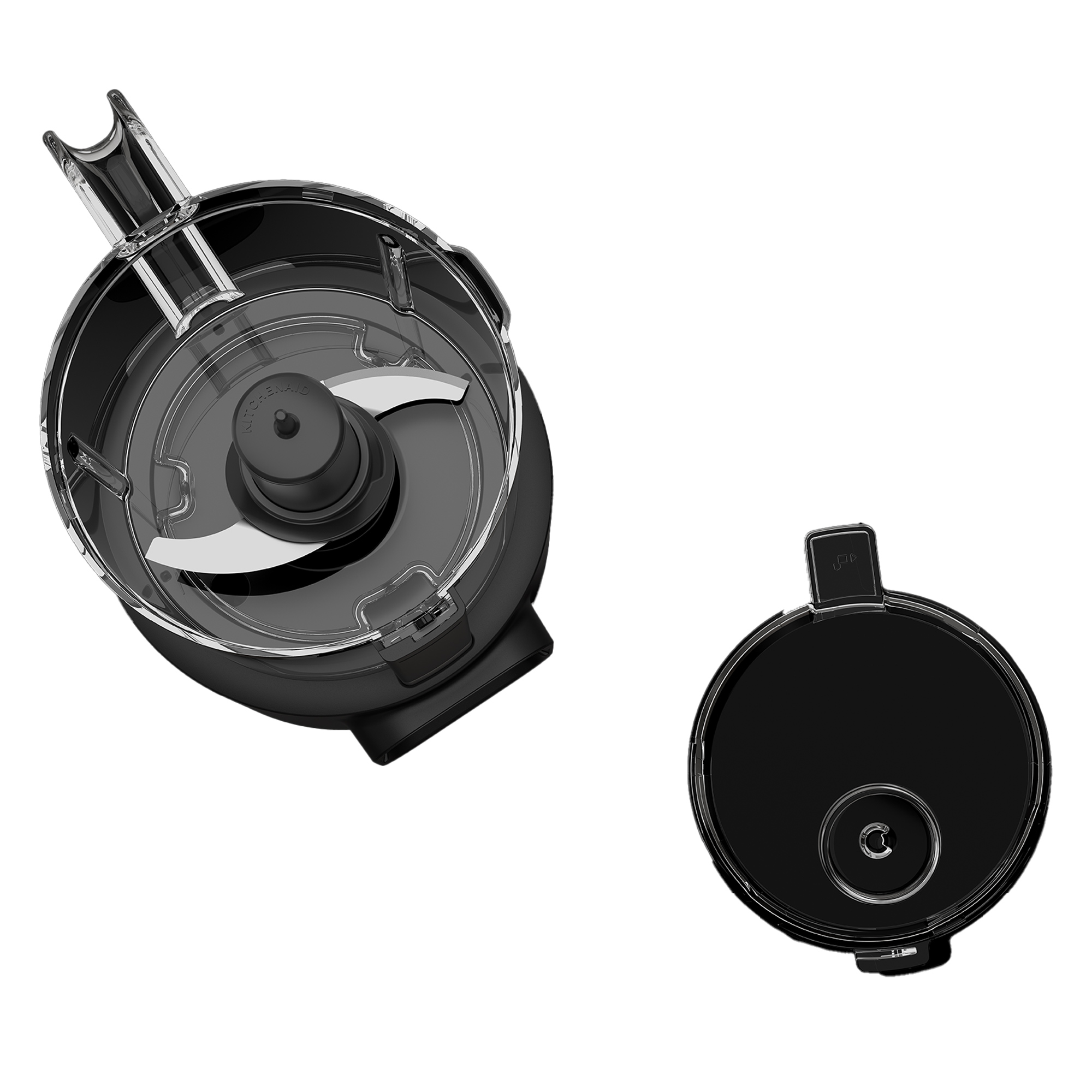Accessorio nero per robot da cucina con lama e coperchio nero separato.