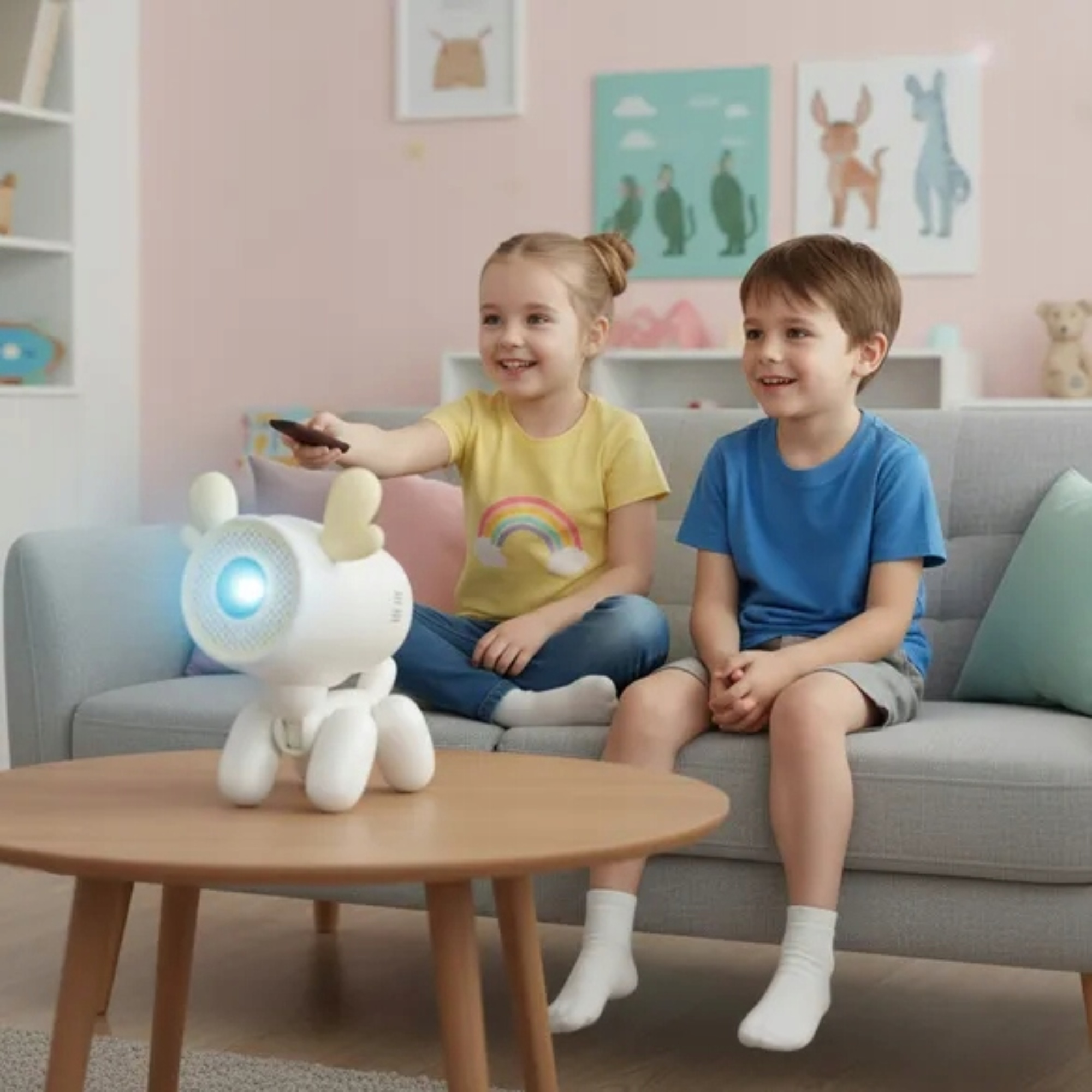 Zwei Kinder sitzen auf einer Couch und schauen auf einen weißen Hirsch-Projektor.