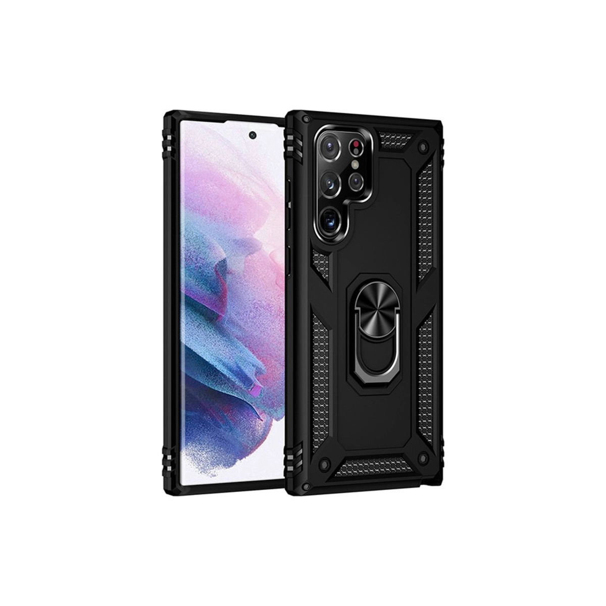 Halka tutuculu ve kamera dizilimli siyah telefon kılıfı, bir akıllı telefonun yanında.