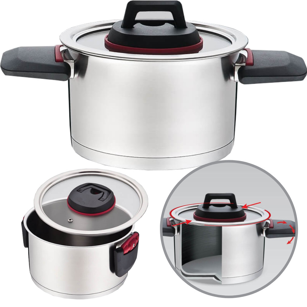 Stalowy garnek z szklaną pokrywką, czarnymi uchwytami i czerwonym akcentem.