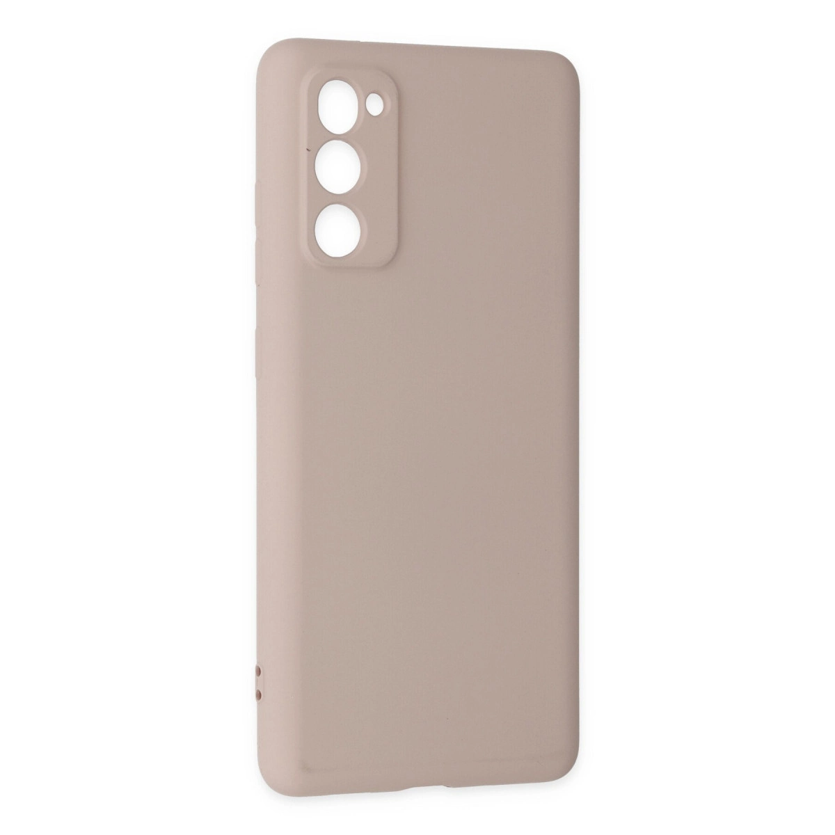 Üç yuvarlak kamera deliği olan bej telefon kılıfı, beyaz üzerinde izole edilmiş.