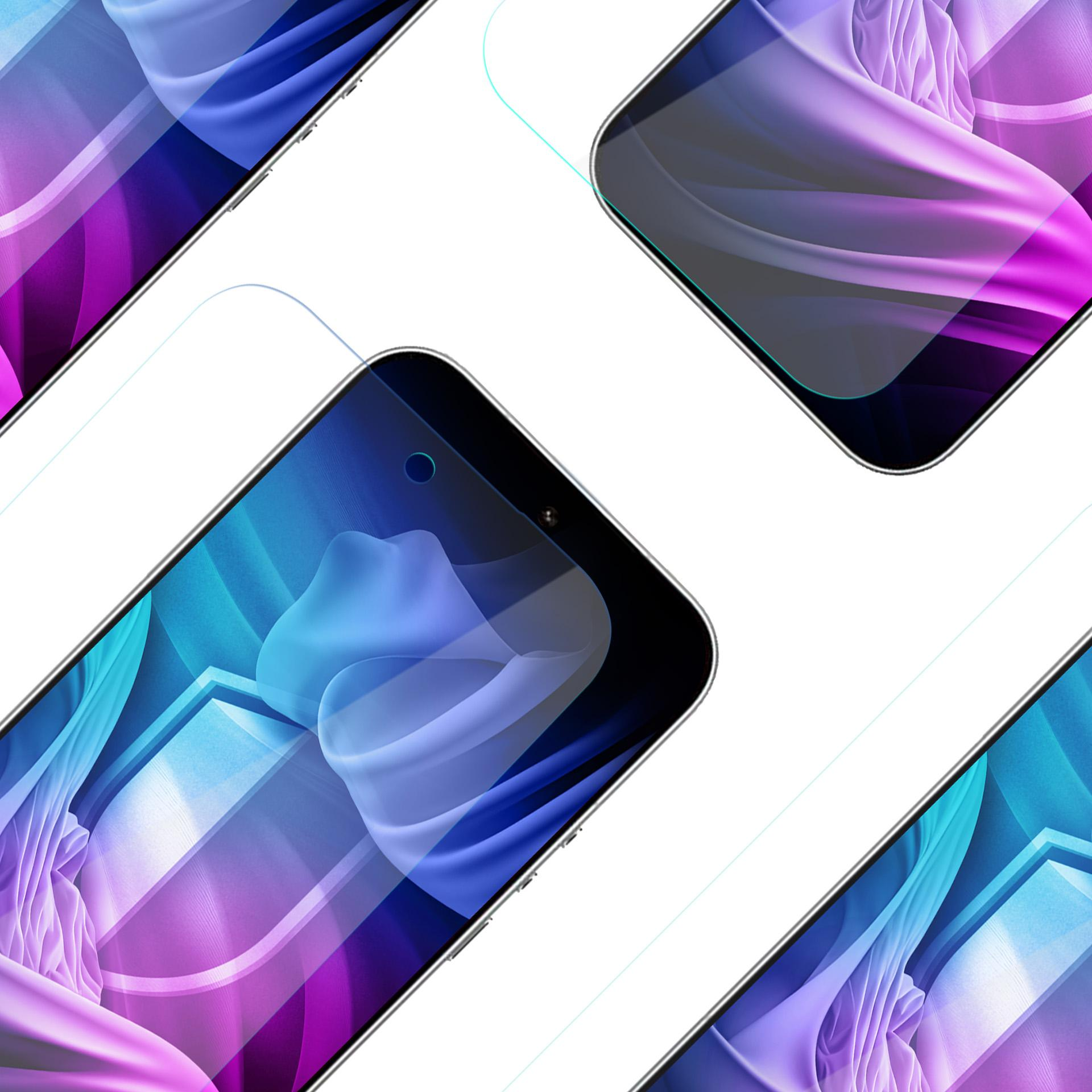 Molti smartphone con sfondi astratti e colorati su superfici bianche.