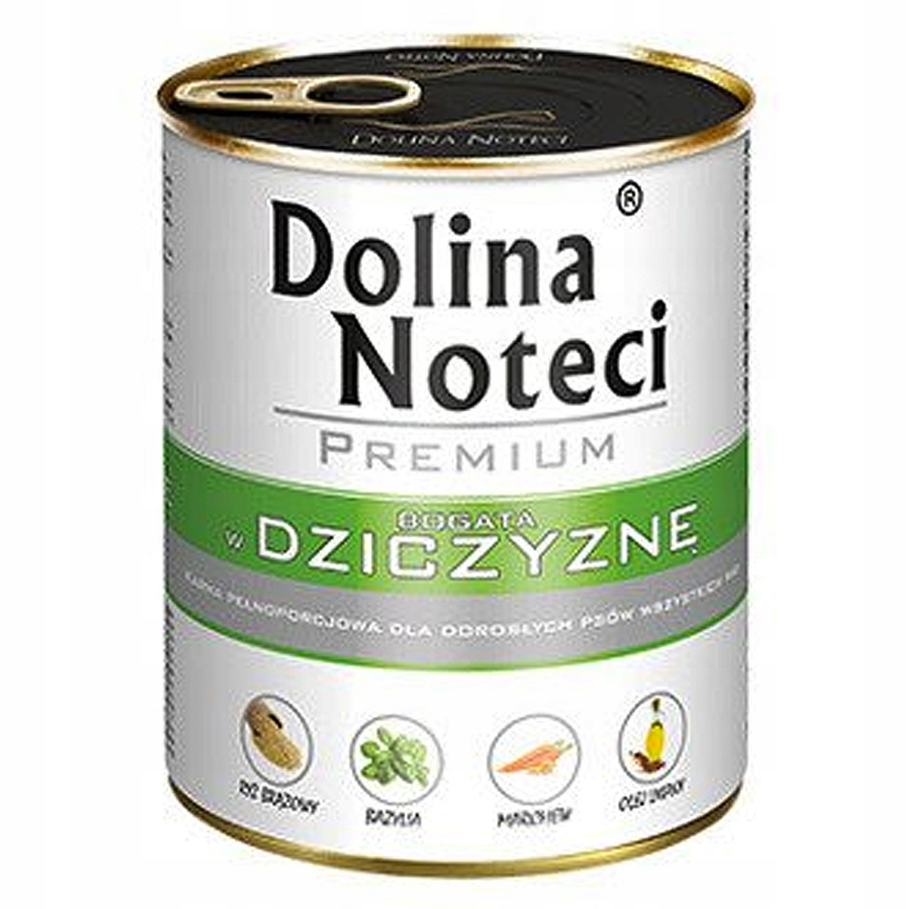 Puszka karmy dla psów Dolina Noteci Premium z widocznymi składnikami.