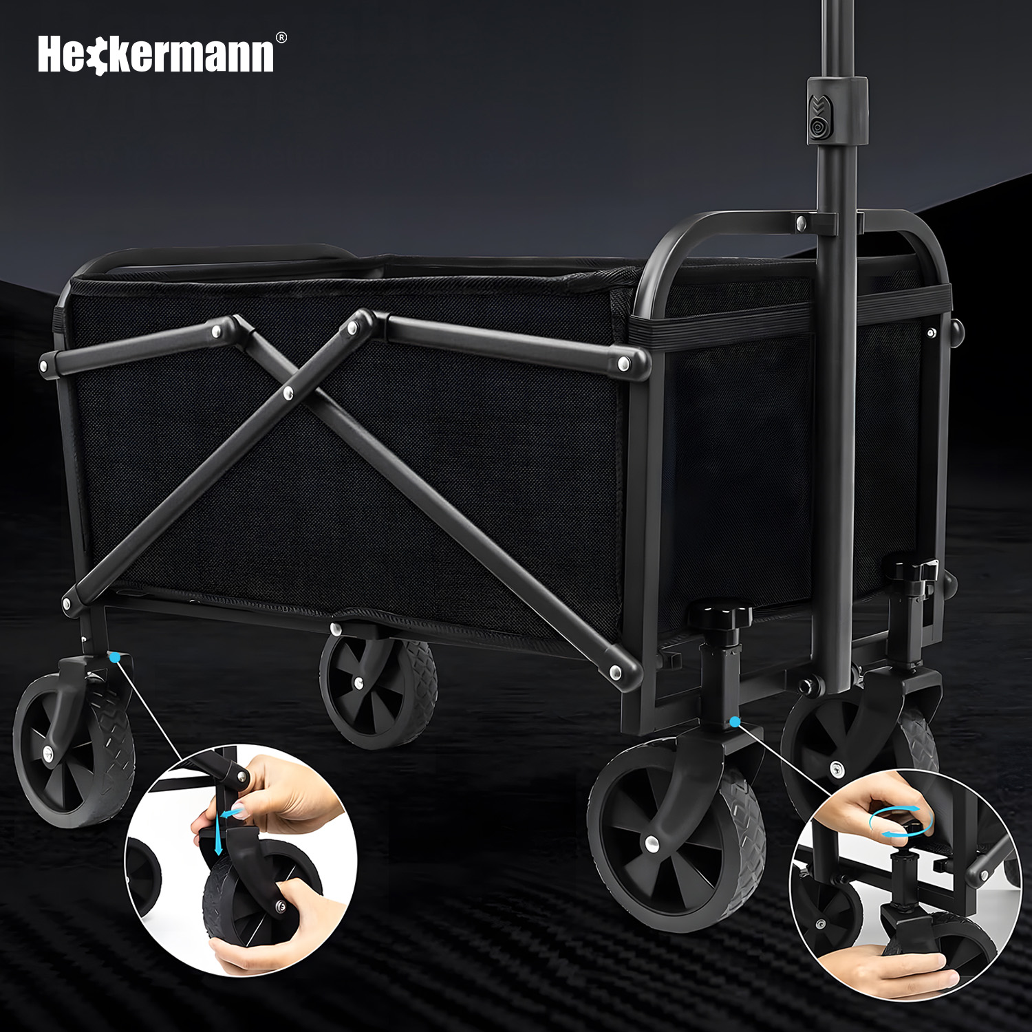 Czarny składany wózek z kołami i zbliżeniami montażu.